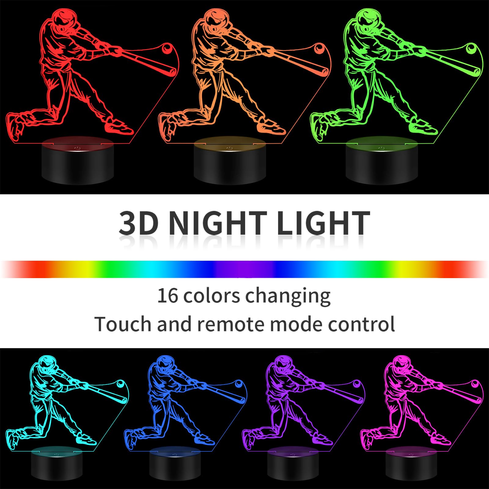 Bassi Gifts 3D Night Light,16 Colors Changing Touch/Remote Contro, Baseball 3D Illusion Lamp, Birthday Christmas Gifts For Boys