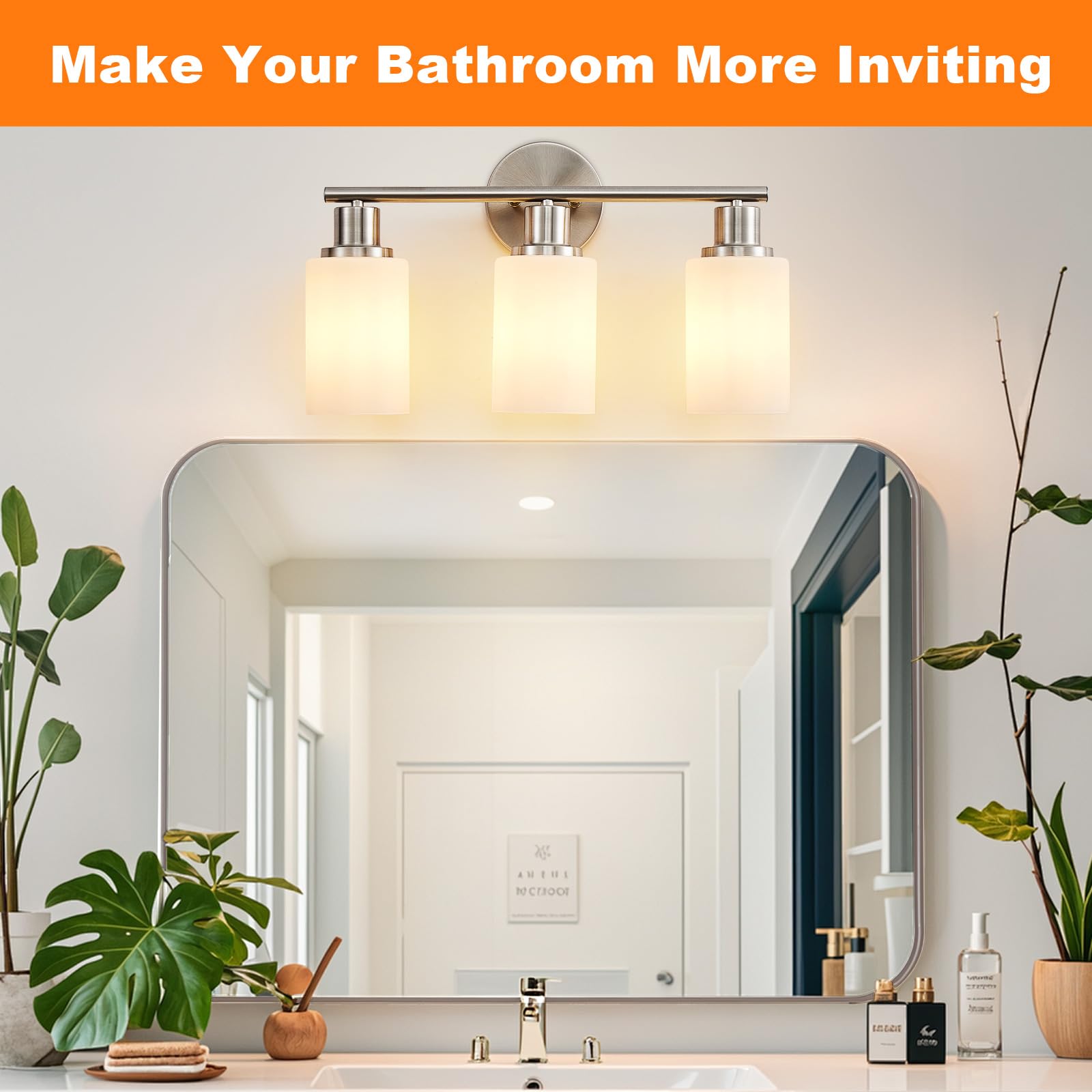 DINGLILIGHTING DLLT 3-Light Bathroom Light Fixtures, Nickel Vanity Lights, Milky White Glass Shade, Model DLLT-3L-MWBN
