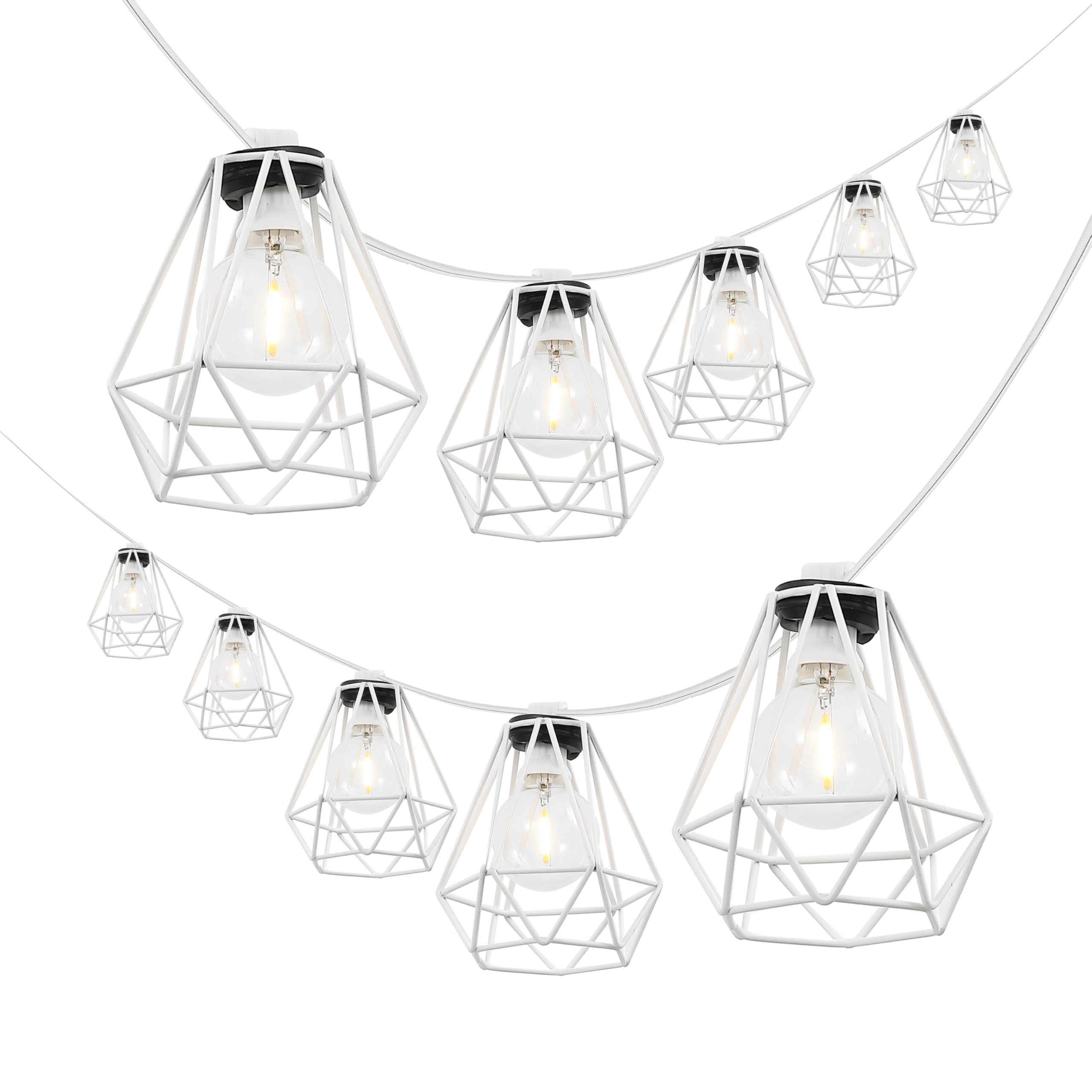 JONATHAN Y 10 Black LED String Lights, 10-Light Indoor/Outdoor Set for Patio Deck, Modern Iron Diamond Cage Shade, Weather-Resi