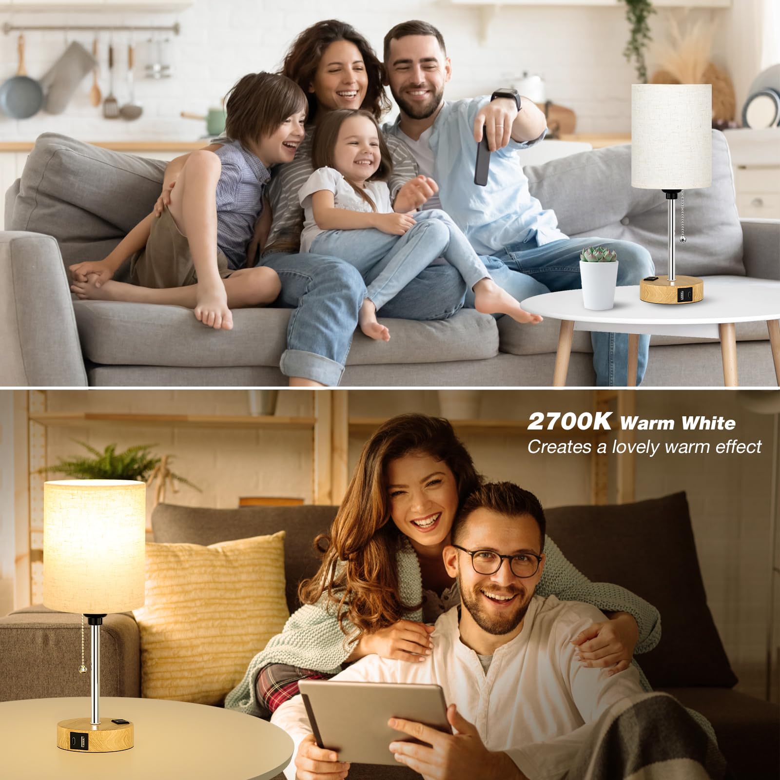 Small Bedside Lamp For Bedroom Nightstand - Table Lamp With Usb C And A Port, Pull Chain Bed Lamp With Ac Outlet, Nightstand Lamp With Wood Base For Kids Reading, Desk Lamp For Living Room/Dorm Room