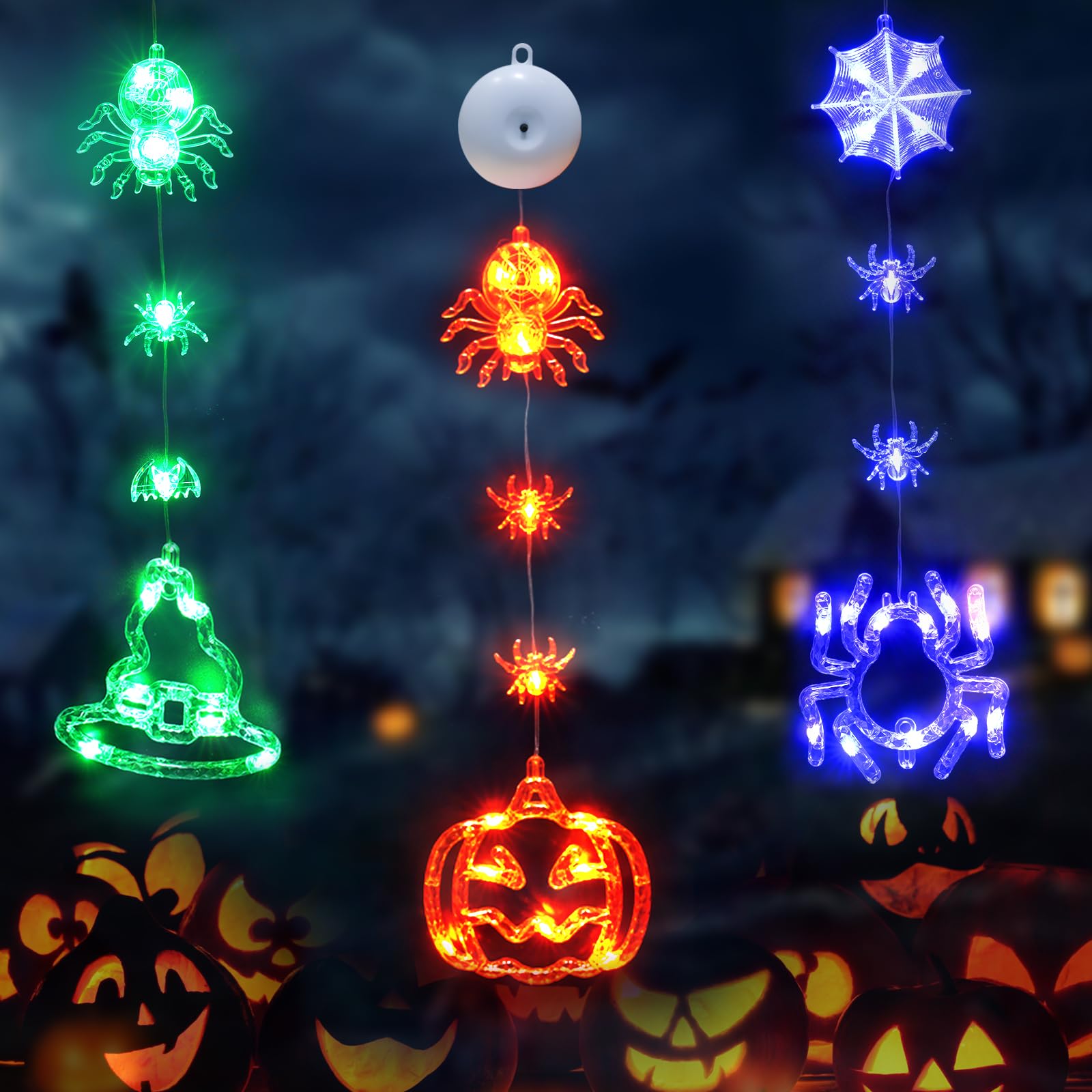 SUDDUS Halloween Decor, 3 Pack Orange Pumpkin Violet Spider Green Witch Hat Battery Operated Halloween Window Lights with Suctio