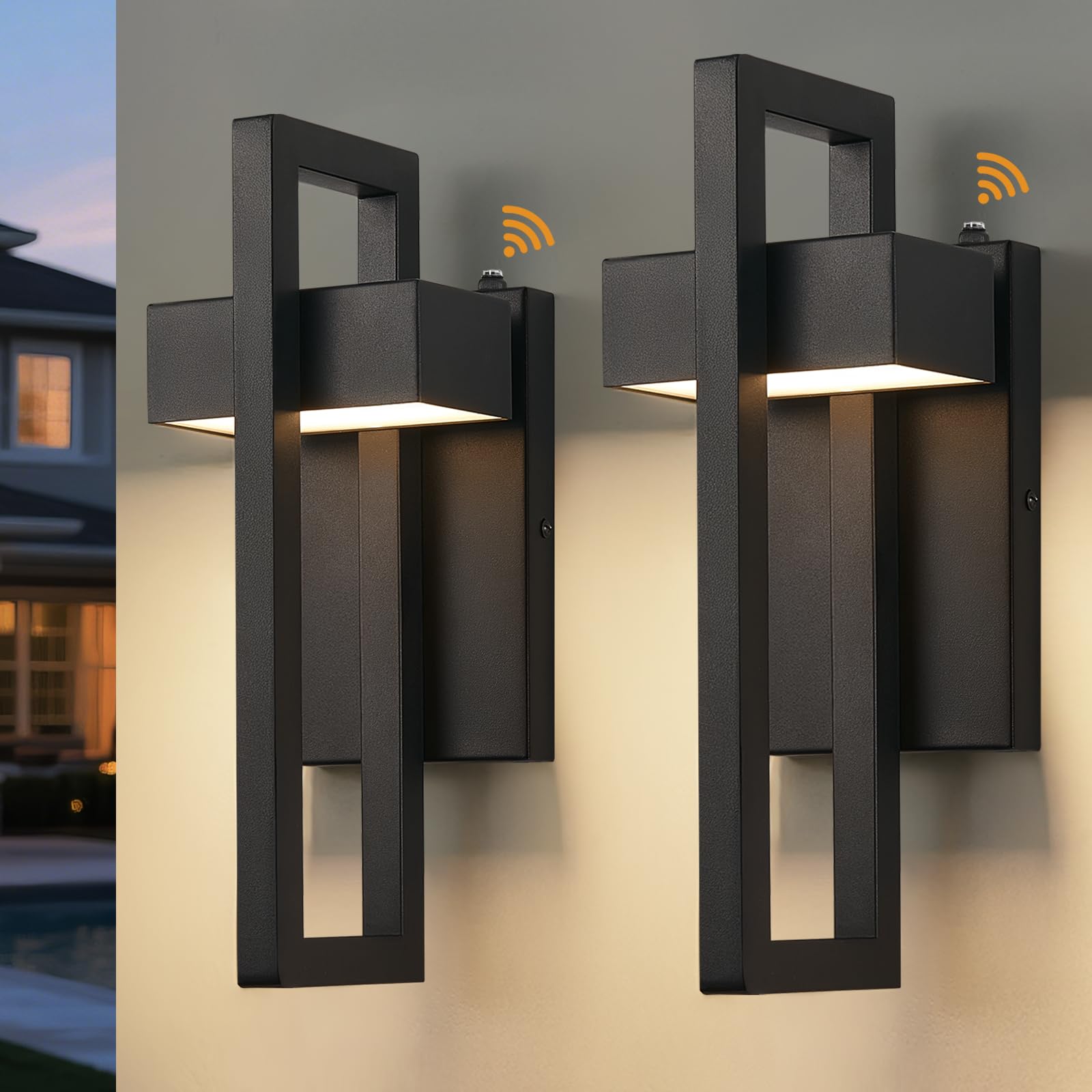 tewei LED Outdoor Wall Sconce, Dusk to Dawn Lighting, 3000K Warm White, Black, 2 Pack, Metal Exterior Fixtures