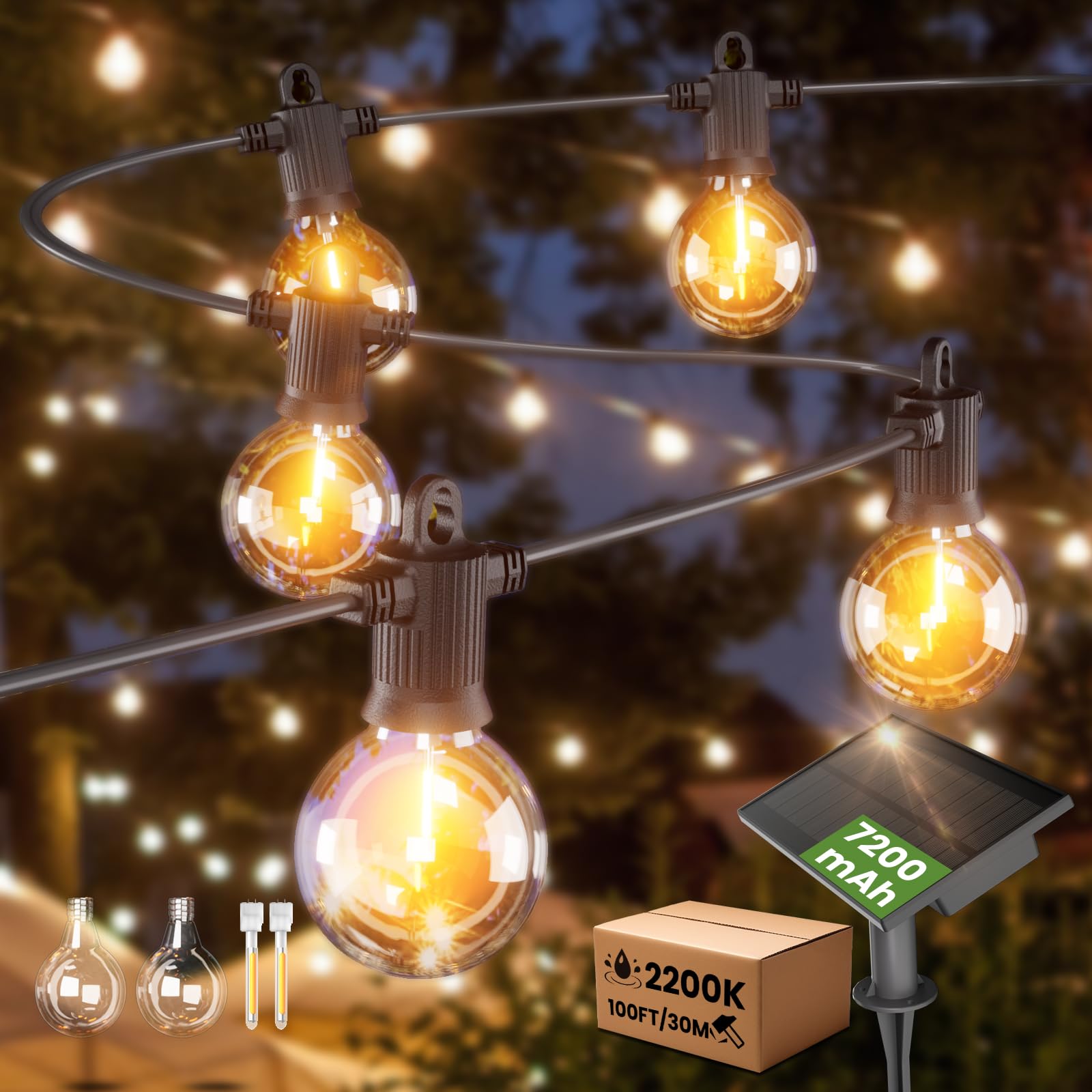 Zotoyi Solar String Lights Outdoor Waterproof Ip65 100Ft With Usb Port And 50+2 Shatterproof G40 Bulbs, Up To 8-12 Hours For Usi