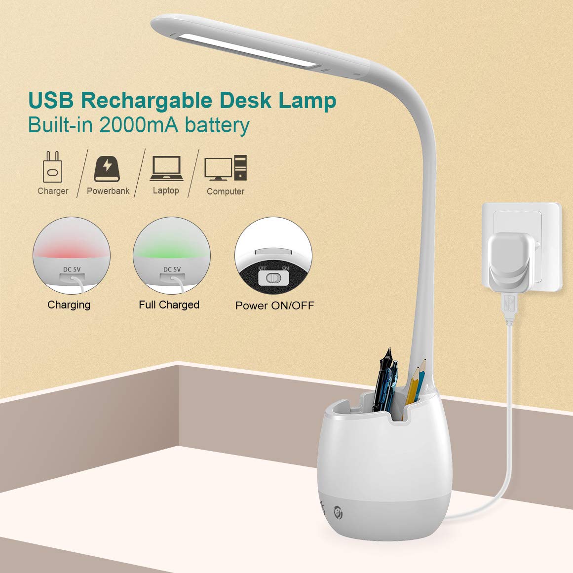ERAY Kids Desk Lamp T22 - LED, Rechargeable, 3 Brightness Levels, 8 Colors, Eye-Caring, Dimmable, with Pen Holder, Multicolor