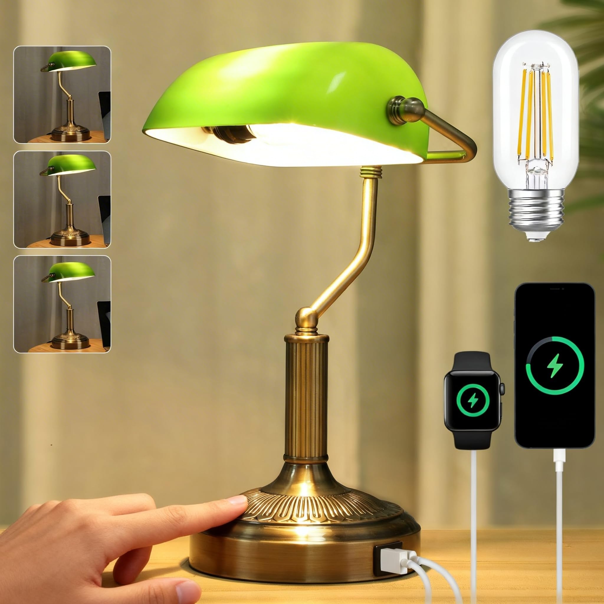 BNYFDC Vintage Bankers Lamp, Green Glass with Antique Brass Finish, USB & Type-C Charging Ports, 3-Way Dimmable Touch Control De