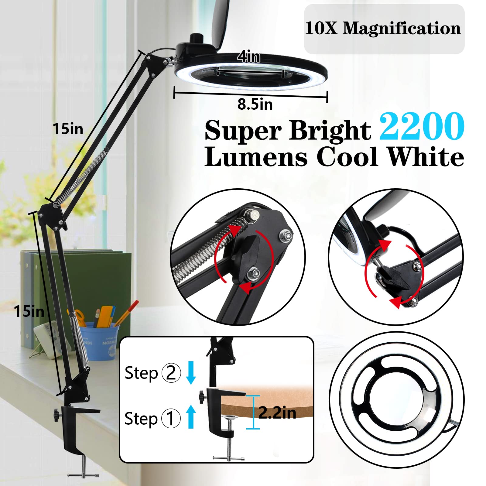 KIRKAS 10X Magnifying Glass Lamp with Light, Stepless Dimmable, Adjustable Arm, Black, Model 10X-JDD-BK