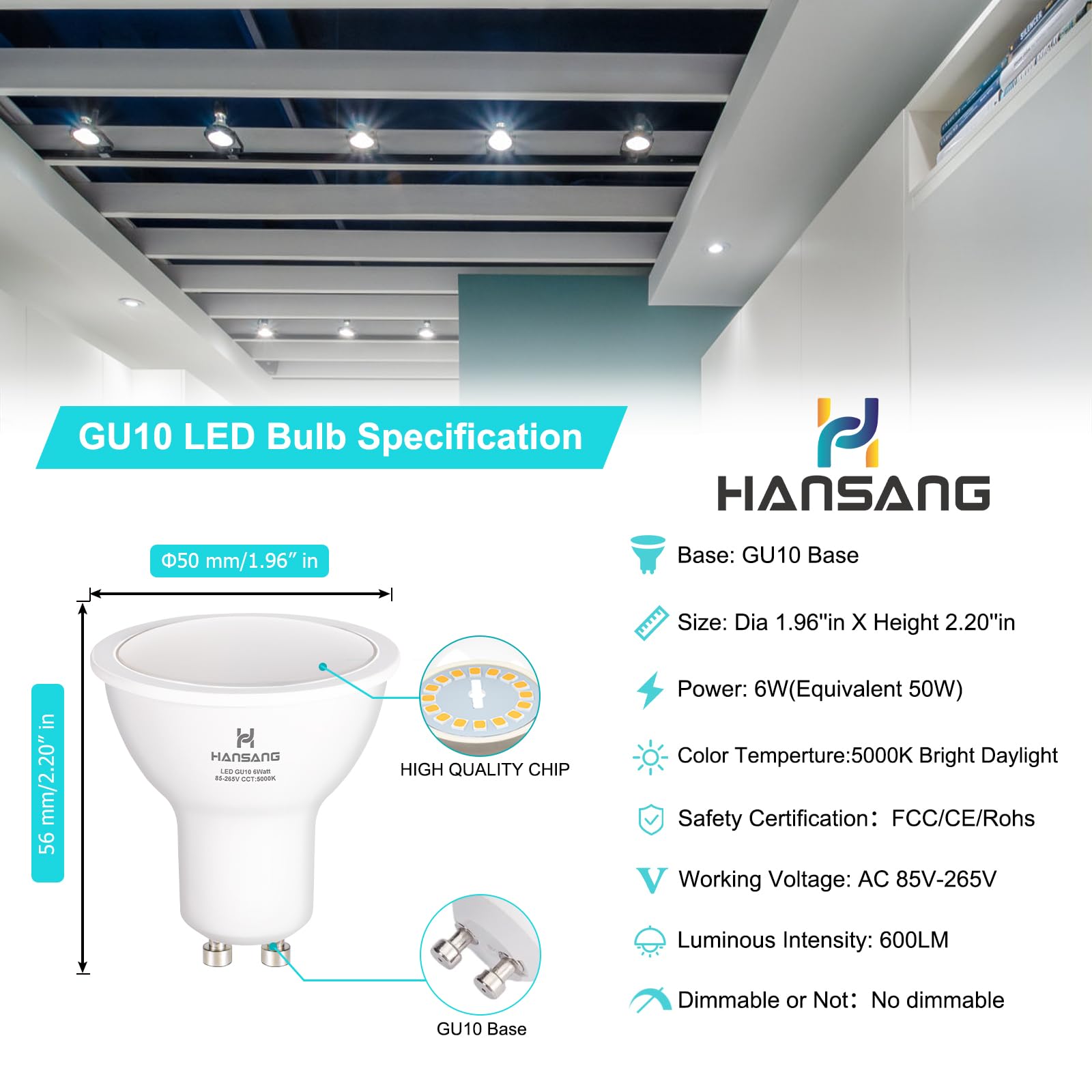 hansang GU10 LED Bulbs, 5.5W 50W Halogen Replacement, 550 Lumens, 5000K Daylight, Frosted MR16, 6 Count