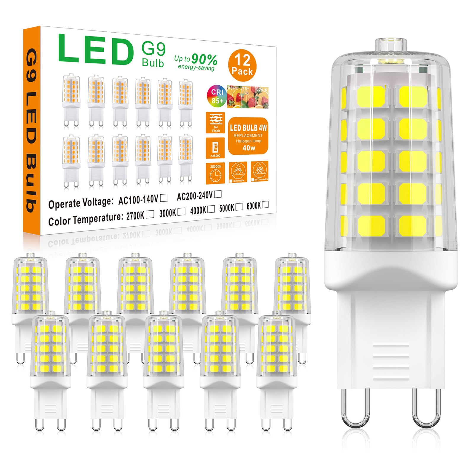 Baoming G9 Led Bulb  Daylight White 6000K  4W G9 Base Light Bulbs  40W T4 Halogen Equivalent  Bi Pin Base G9 Chandelier Lighting  No-Flicker 360?Eam Angle  120V 450Lm  12-Pack