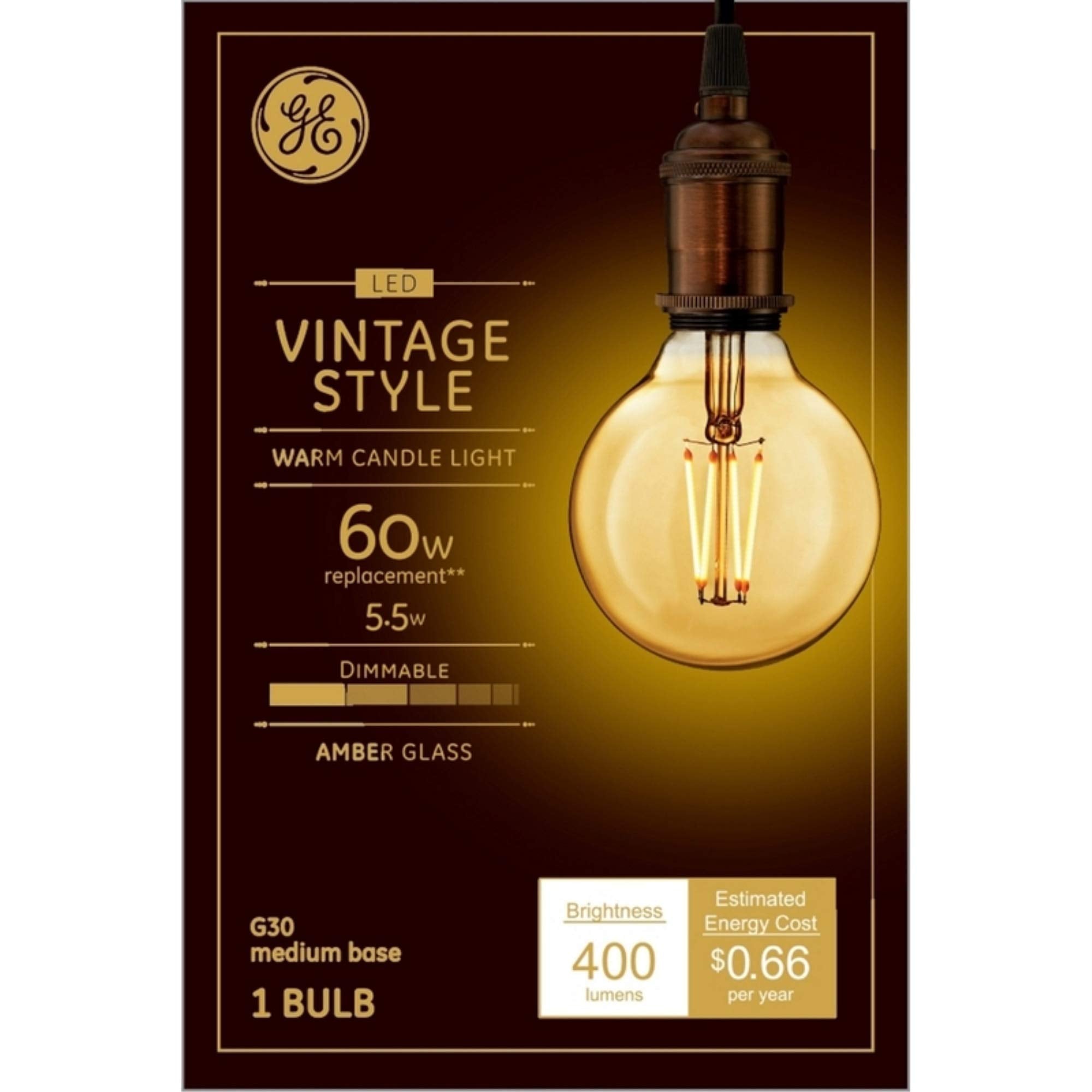 GE Lighting Vintage Style LED Globe Light Bulb, 5.5 Watts (60 Watt Equivalent) Warm Candle Light, Amber Glass, Medium Base, Dimm