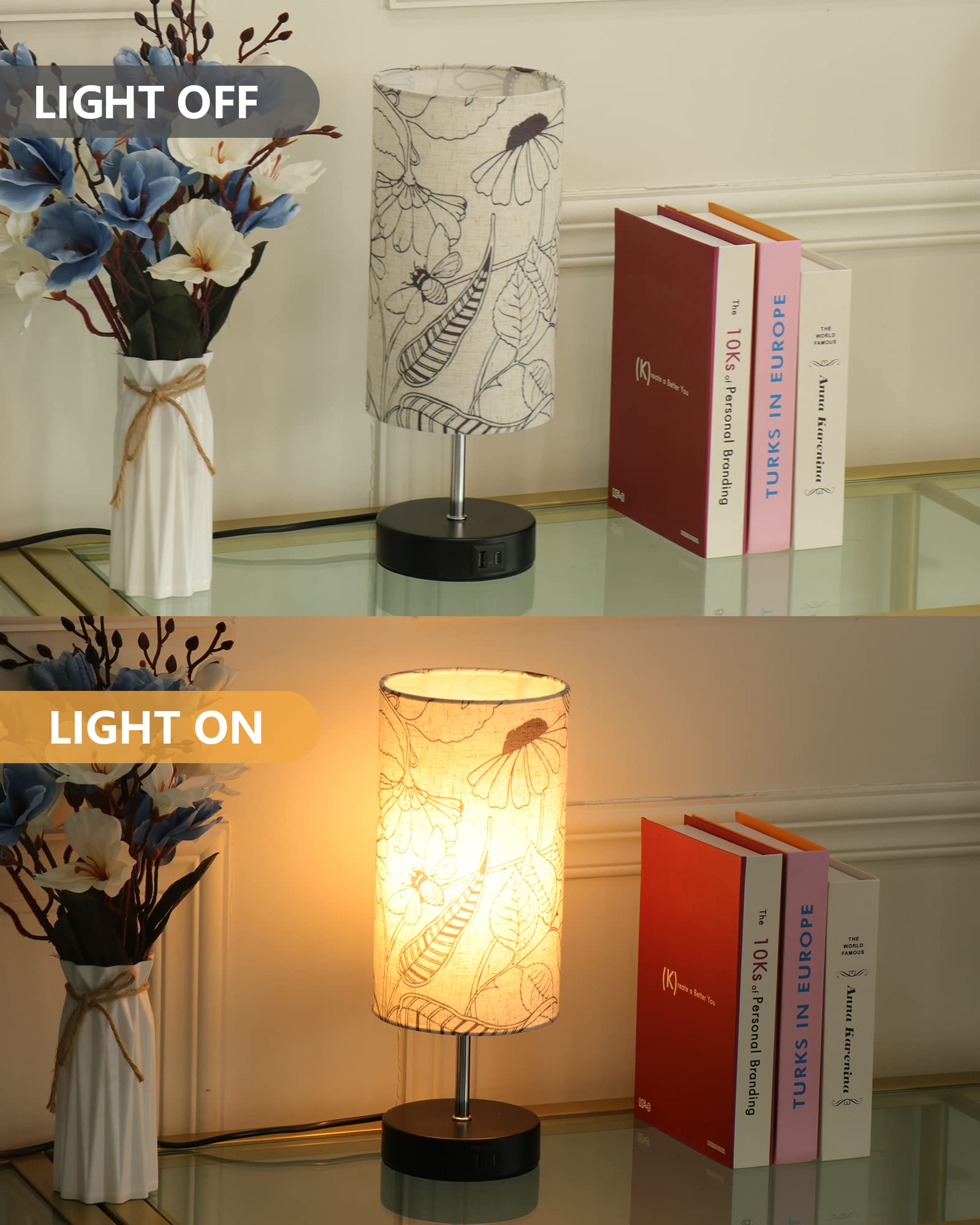 Lanmonlily Touch Control Desk Lamp With 2 Usb Ports, 3-Way Dimmable Bedside Lamp For Bedroom, Nightstand Lamp With Round Flower Fabric Shade For Living Room, Home Office