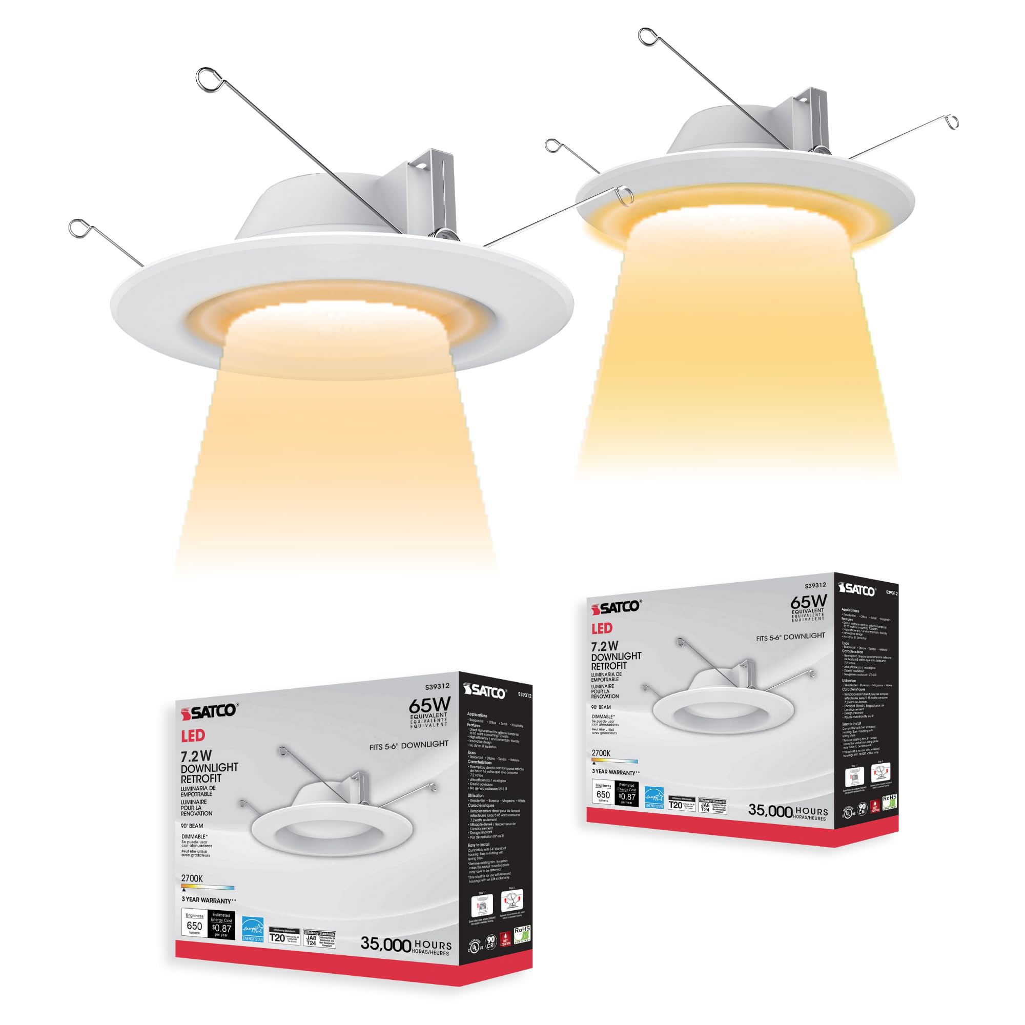 Satco S39312, 7.2 Watt LED Downlight Retrofit; 5-6 Inches; (2 LED Light Fixtures)
