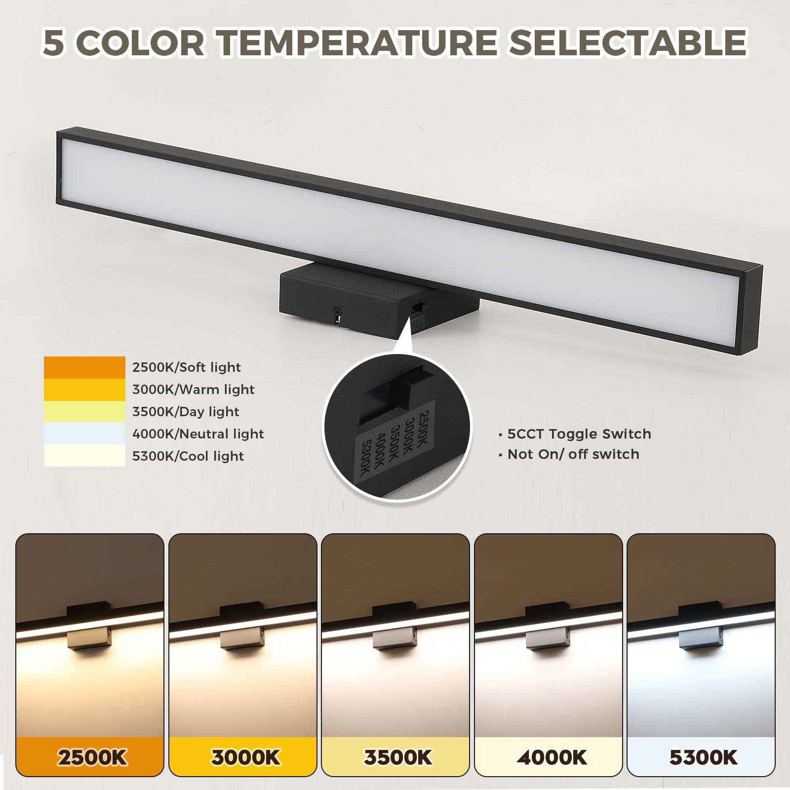 Joosenhouse Bathroom Vanity Light Bar 24W Dimmable LED 24.4 Inch Black-5CCT Metal Model 6332