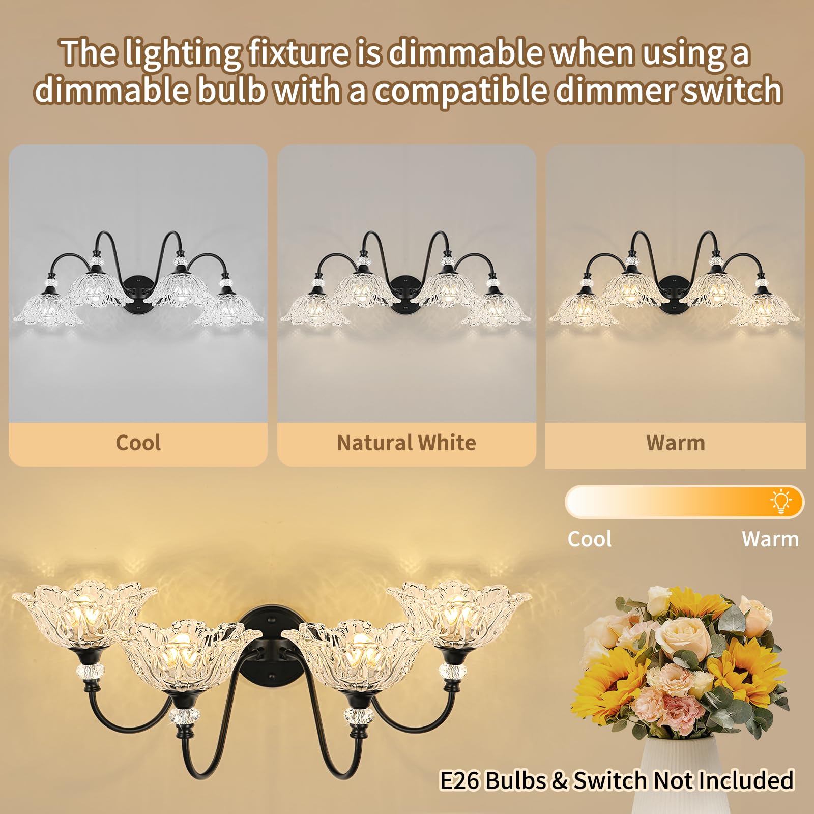 Sunkryster 4-Light Bathroom Vanity Light, Matte Black, Floral Clear Glass Shades, Model Sun-104AB-Black-4