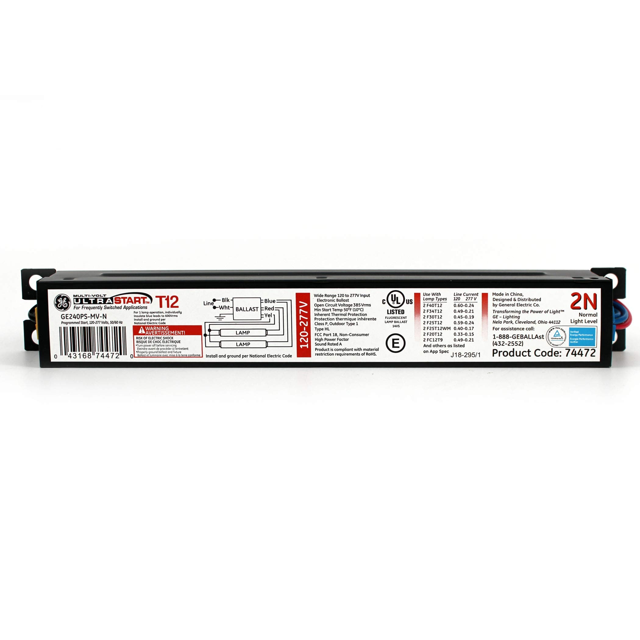 GE Lighting UltraStart Proline Electronic Ballast, 120/277V, Normal Ballast Factor, Model 74472, Black, 1 Count