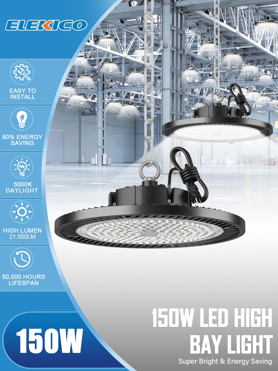 Elekico 150W 21000Lm 5000K Daylight Ip65 High Bay Light With Plug & 5Ft Cable - Ufo Led Lighting For Warehouse, Workshop, Factor