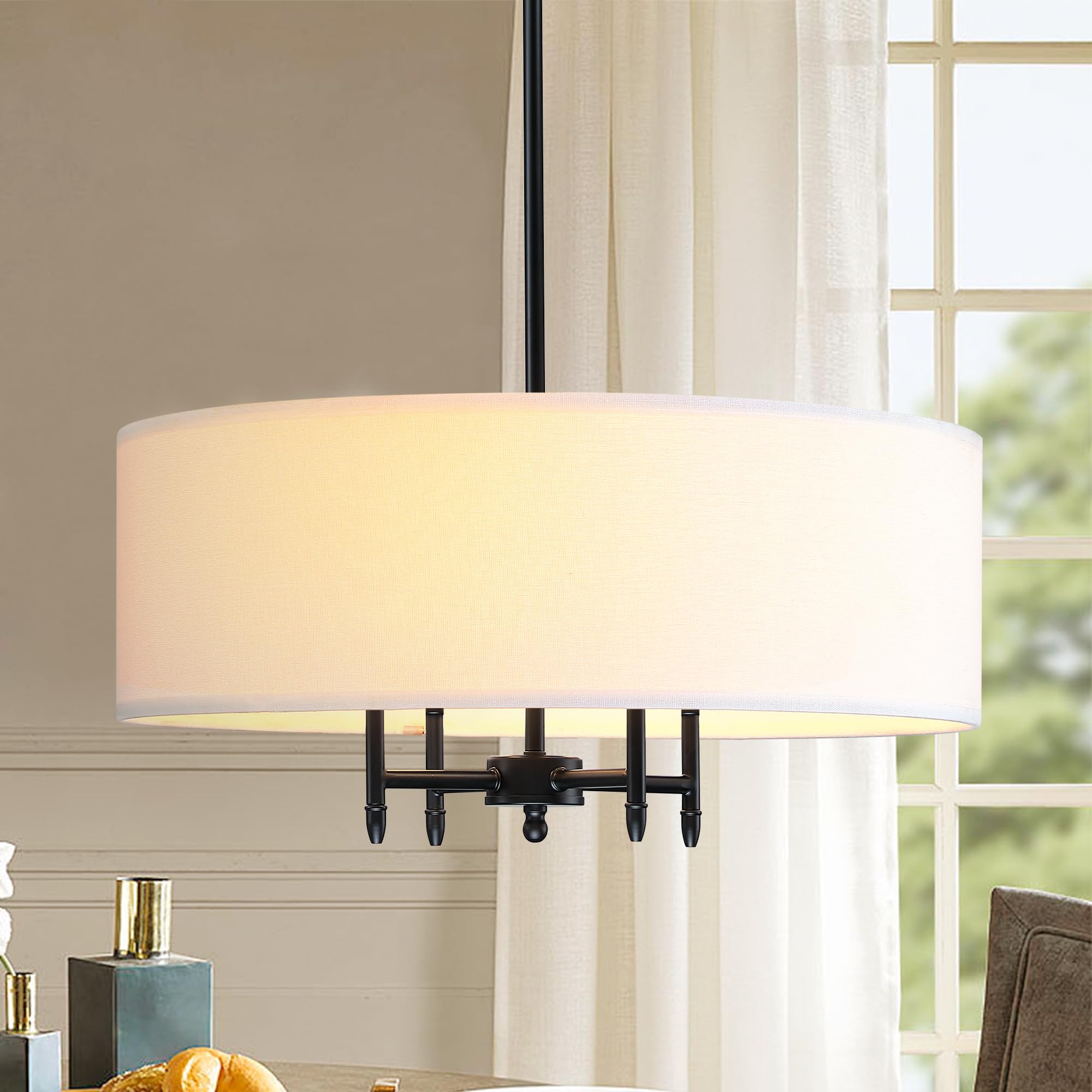 Untrammelife Drum Pendant Chandelier 4-Lights Black Ceiling Hanging Light Fixture with 20 White Shade, for Dining Room Living Ro
