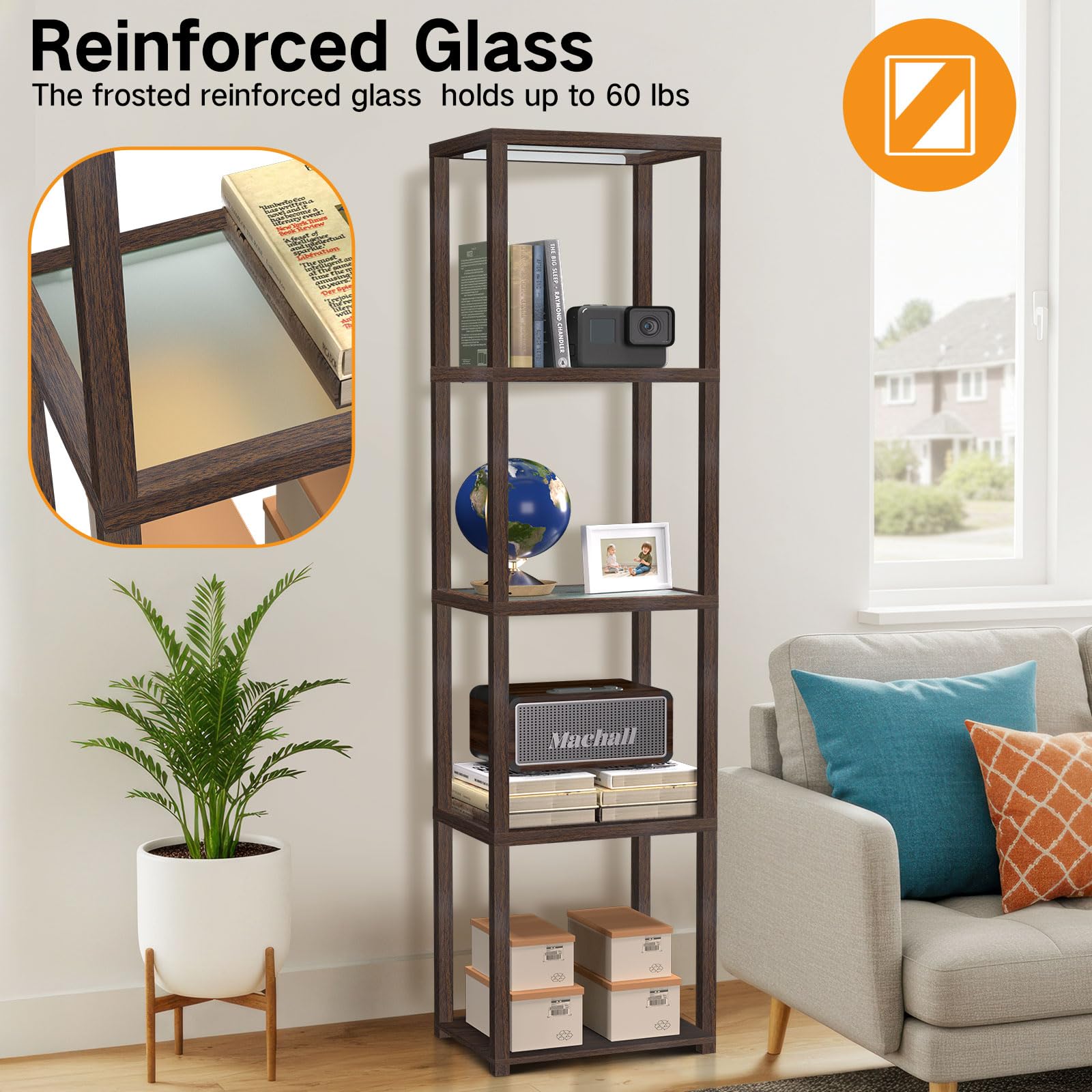 OUTON 67in Glass Display Shelf with Dimmable LED Lamp, 5 Tier Bookshelf, Walnut, Model ZSJ01
