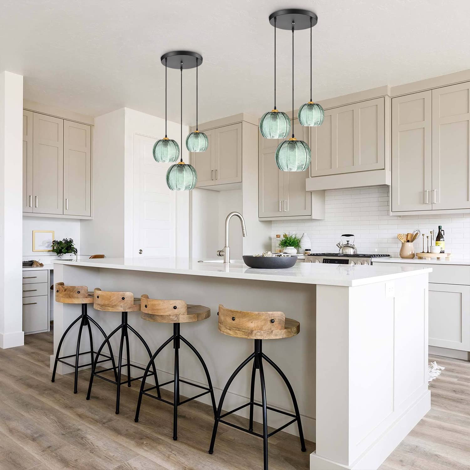 Kco 3-Light Green Striped Glass Pendant Light - Modern Mid-Century Chandelier For Kitchen Island