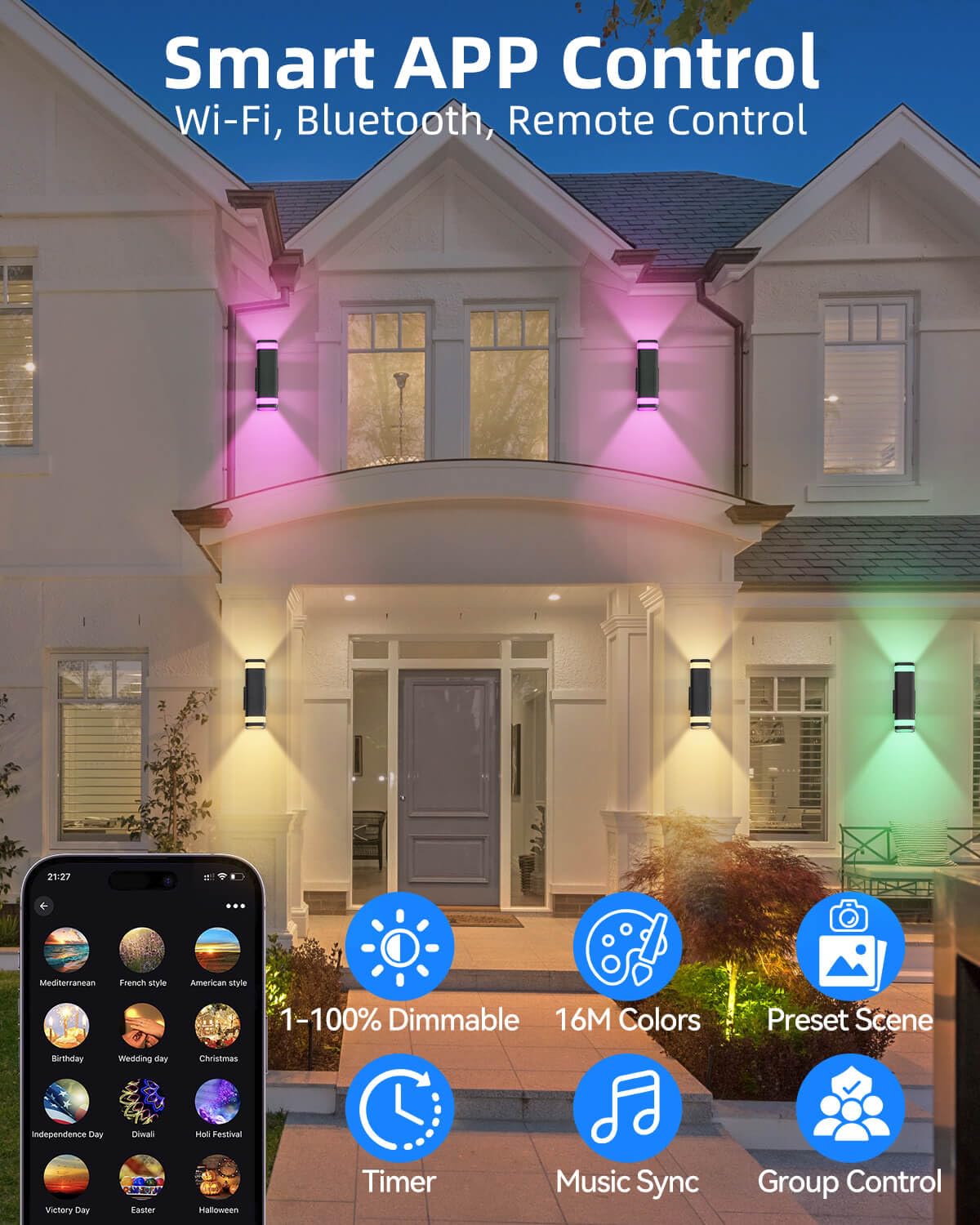 Smart Outdoor RGB Wall Lights 2 Pack, Wi-Fi & App Control Color Changing Up and Down Wall Sconce with Remote, Dusk to Dawn Water