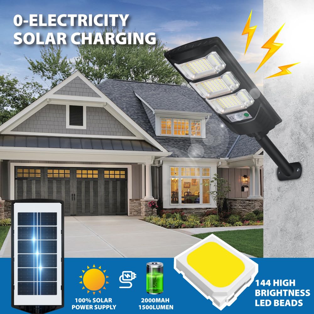 Cenfmltd Solar Outdoor Light 2 Pack, 144 Led 6500K Dusk To Dawn Solar Powered Street Light Ip65 Waterproof Motion Sensor Securit