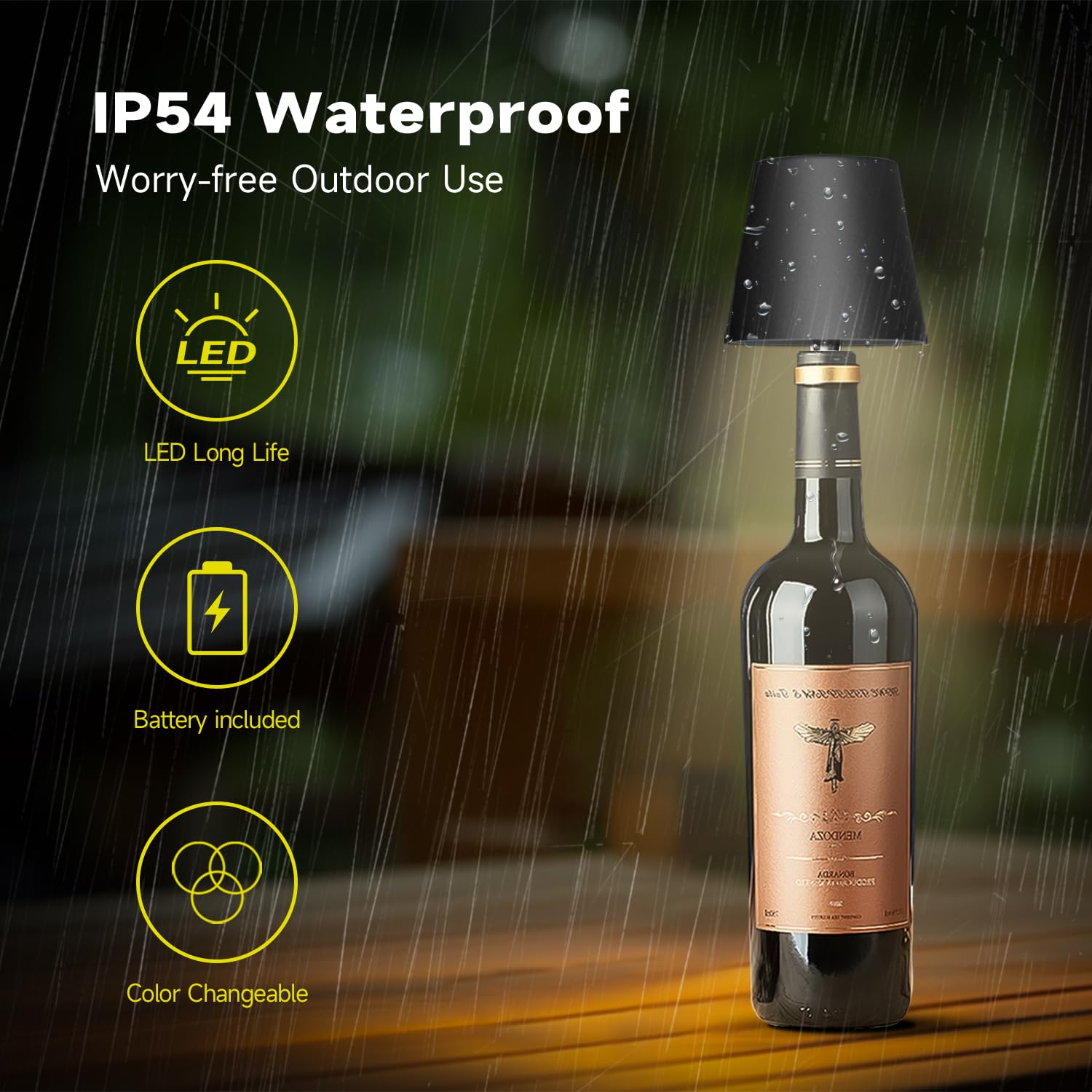 Hoide Wireless Bottle Lamp - LED Night Light Kit, Rechargeable RGB, 5.7in, Plastic, RGB Black
