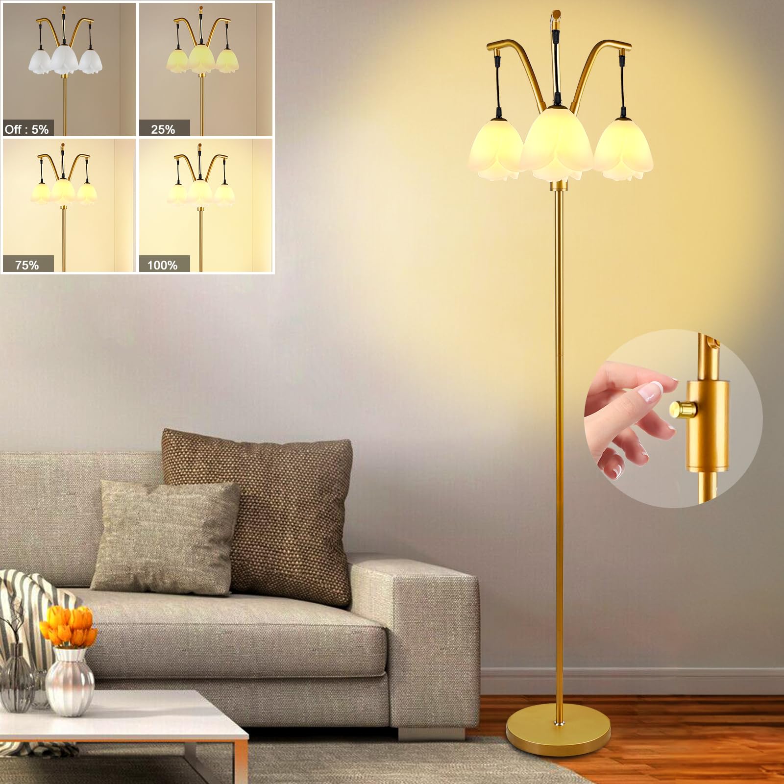 Lightdot Industrial Tree Floor Lamp, Dimmable, E26 LED Bulbs Included, Gold, Model LFLL-M-DC