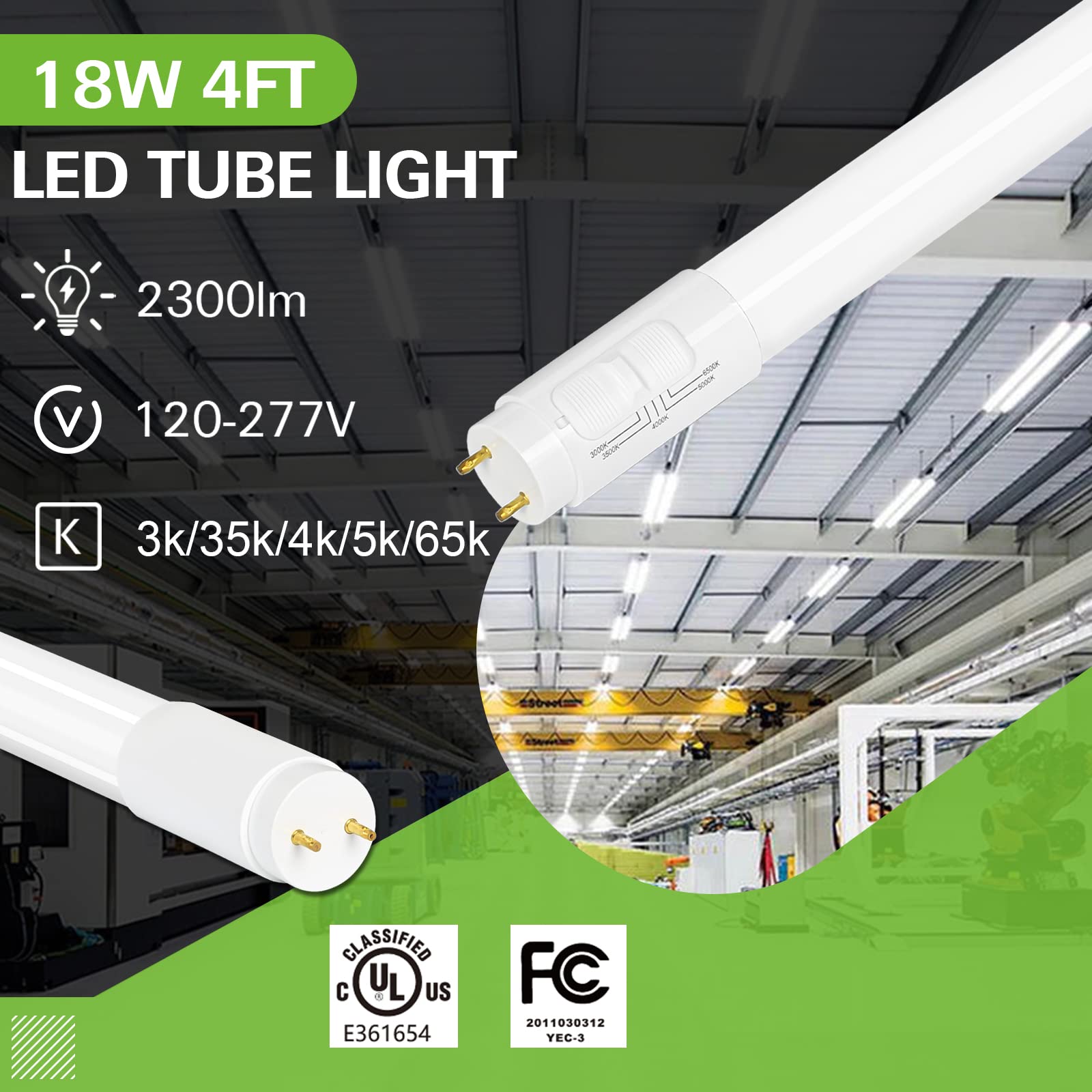 Hykolity 20 Pack LED T8 Ballast Bypass Light Tube, 18W, 5CCT Selectable, Frosted Cover, 2300lm, 120-277