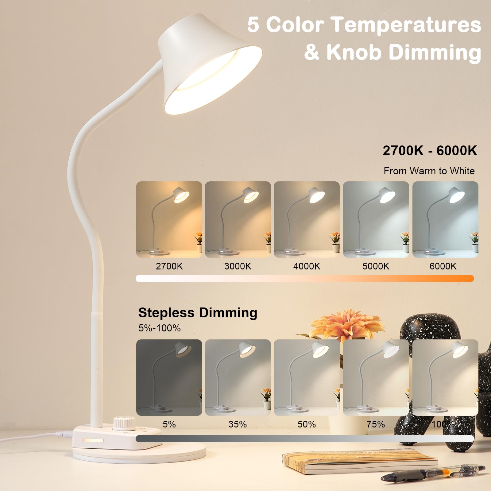 BOHON LED Desk Lamp, Fully Dimmable, USB A & C Charging, 5 Colors, Auto Timer, Model BH-DL24W-LBD, White