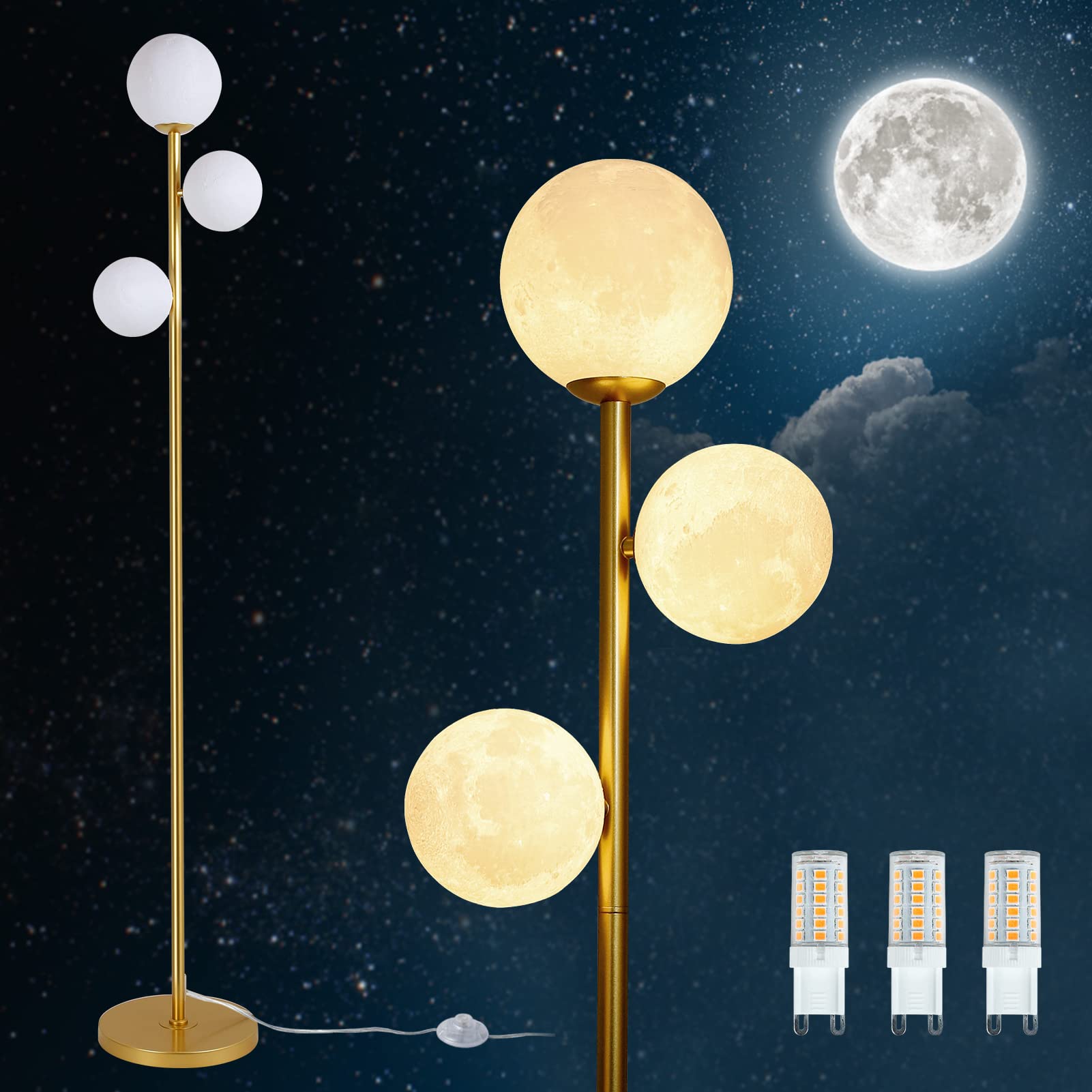 3 Globe Moon Floor Lamp for Living Room, Modern Gold Floor Lamp with 3D Printing Frosted Shade and LED Bulb, Mid Century Standin