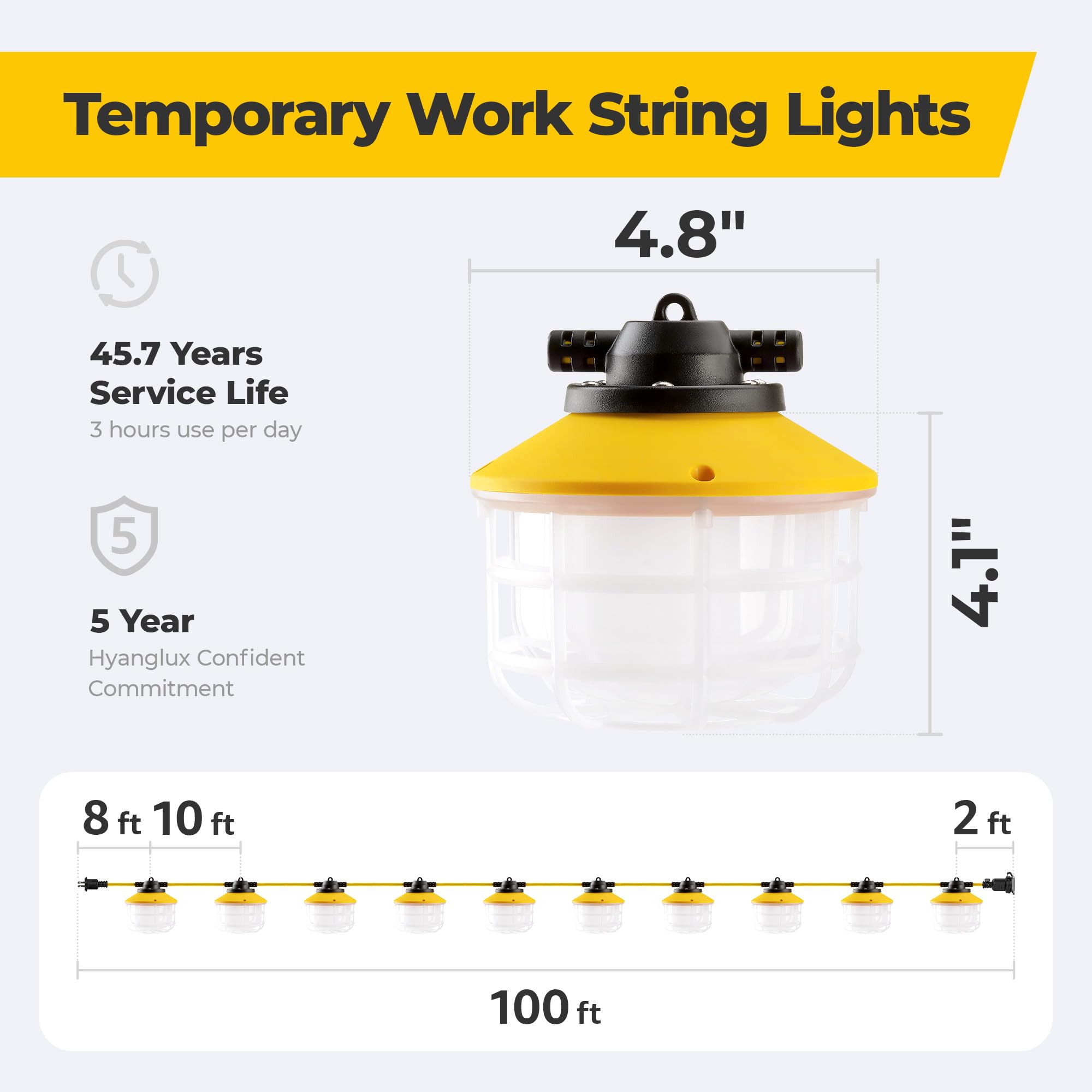 Hyanglux 100Ft Construction String Lights: 150W Ultra-Bright 21000 Lumens Etl Listed Linkable Industrial Outdoor Temporary Light