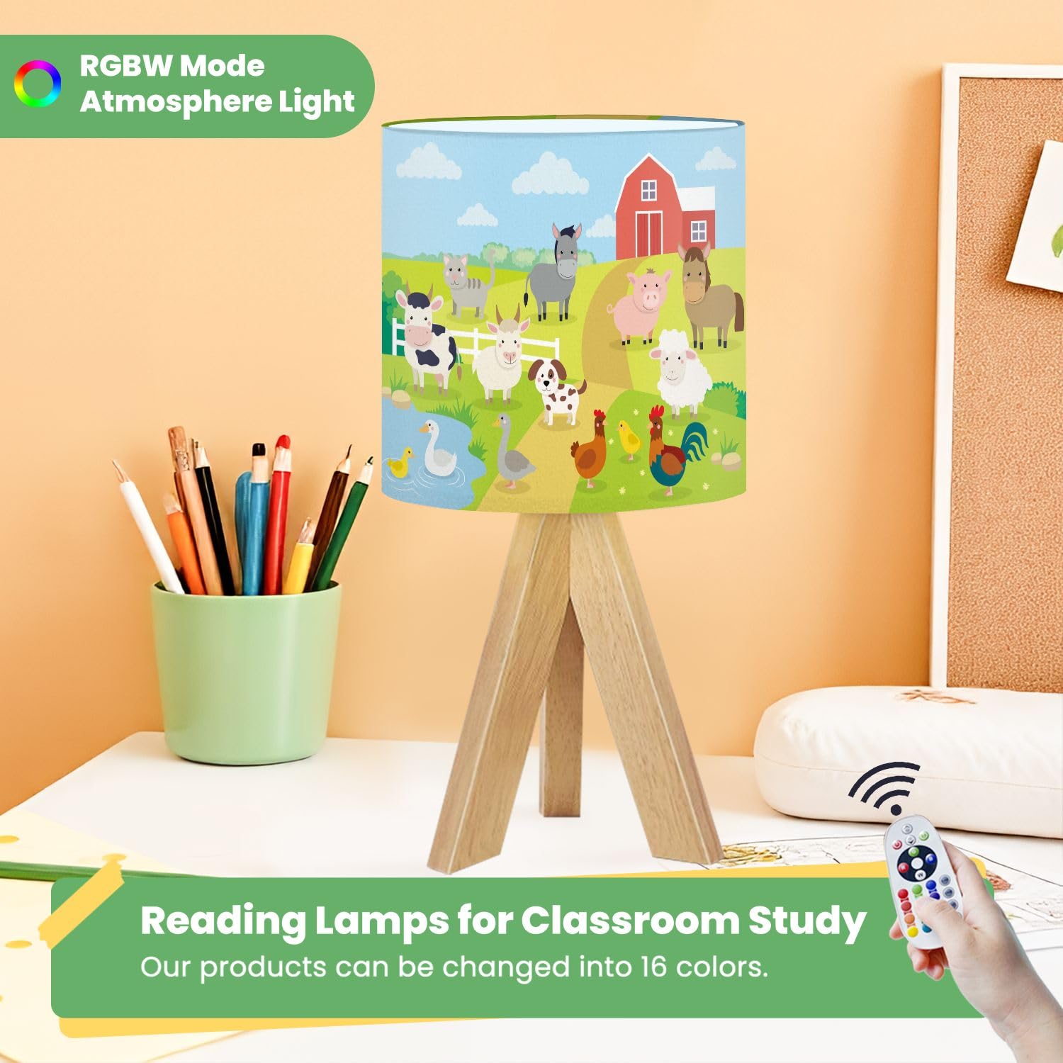 JCFANGALLERY Kids Bedside Desk Lamp, Tripod Small Night Light, Multicolor Wood, Farm Animals Design for Nursery Room, Bedroom Decor