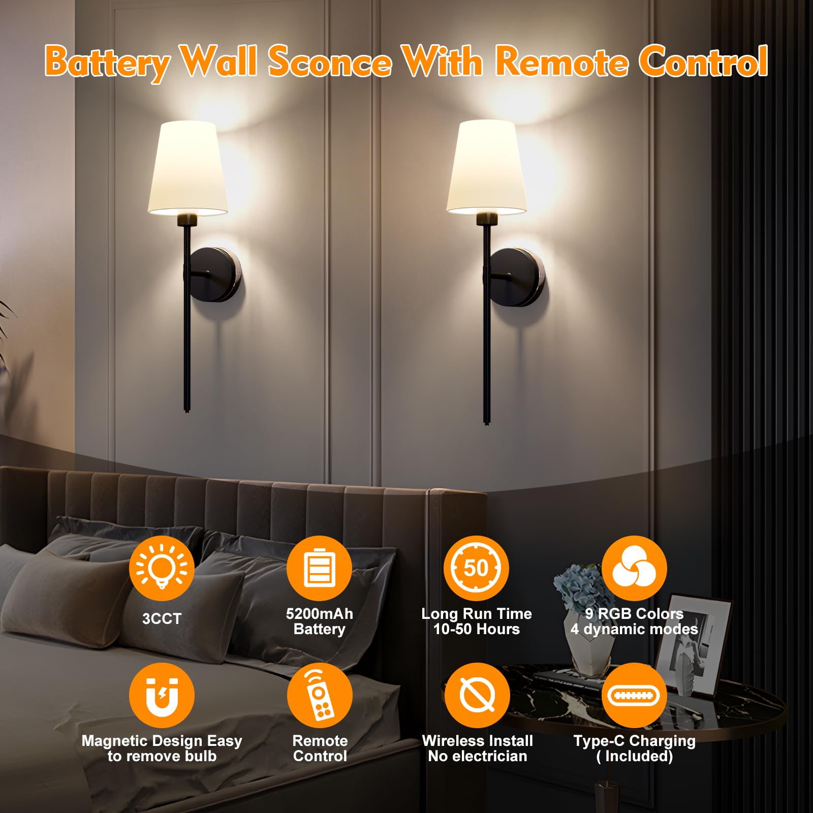 Lightania Battery Operated Wall Sconce Set Of 2, Black Rechargeable Wall Lights With 5200Mah Dimmable Bulbs And Remote, 12 Color
