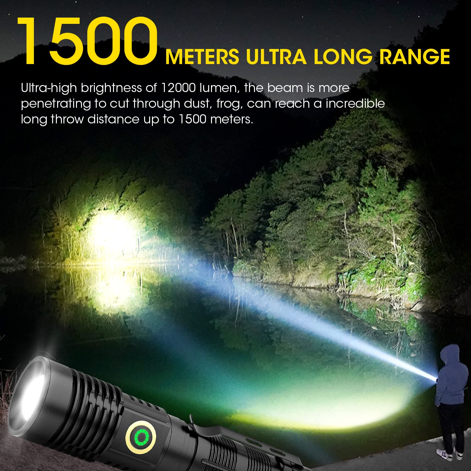 Rechargeable Flashlight High Lumens, 12000 High Lumens Super Bright Flash Light, 1500 Meter Long-Range Zoomable LED Flashlights