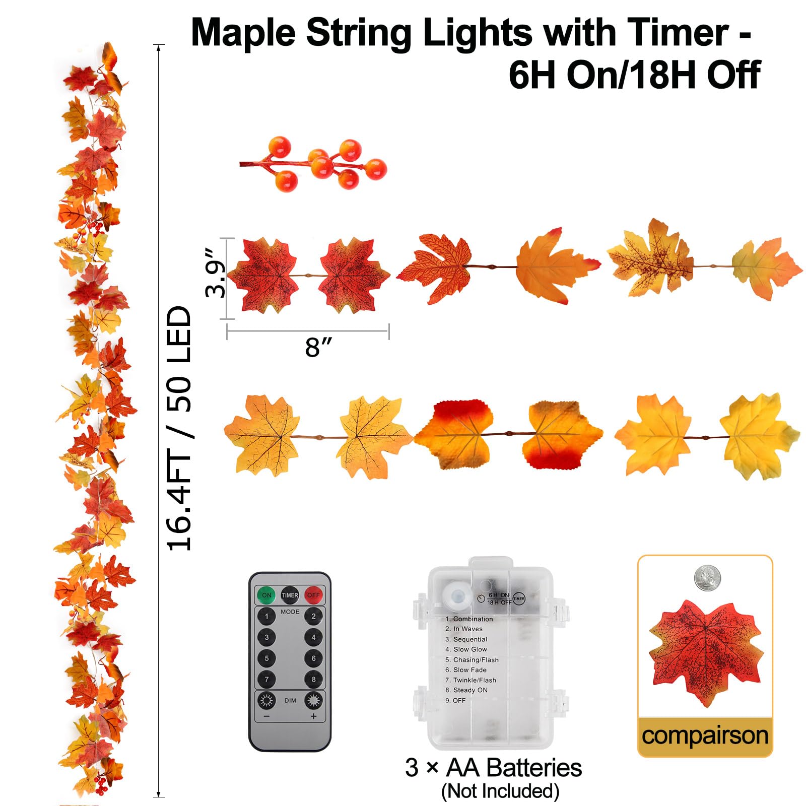Thanksgiving Decorations Fall Garland String Lights With Timer And Remote, 50 Led 16.4Ft Lighted Autumn Leaves Garlands Decor, Battery Operated Fall Lights For Home Decoration Party Indoor Mantle