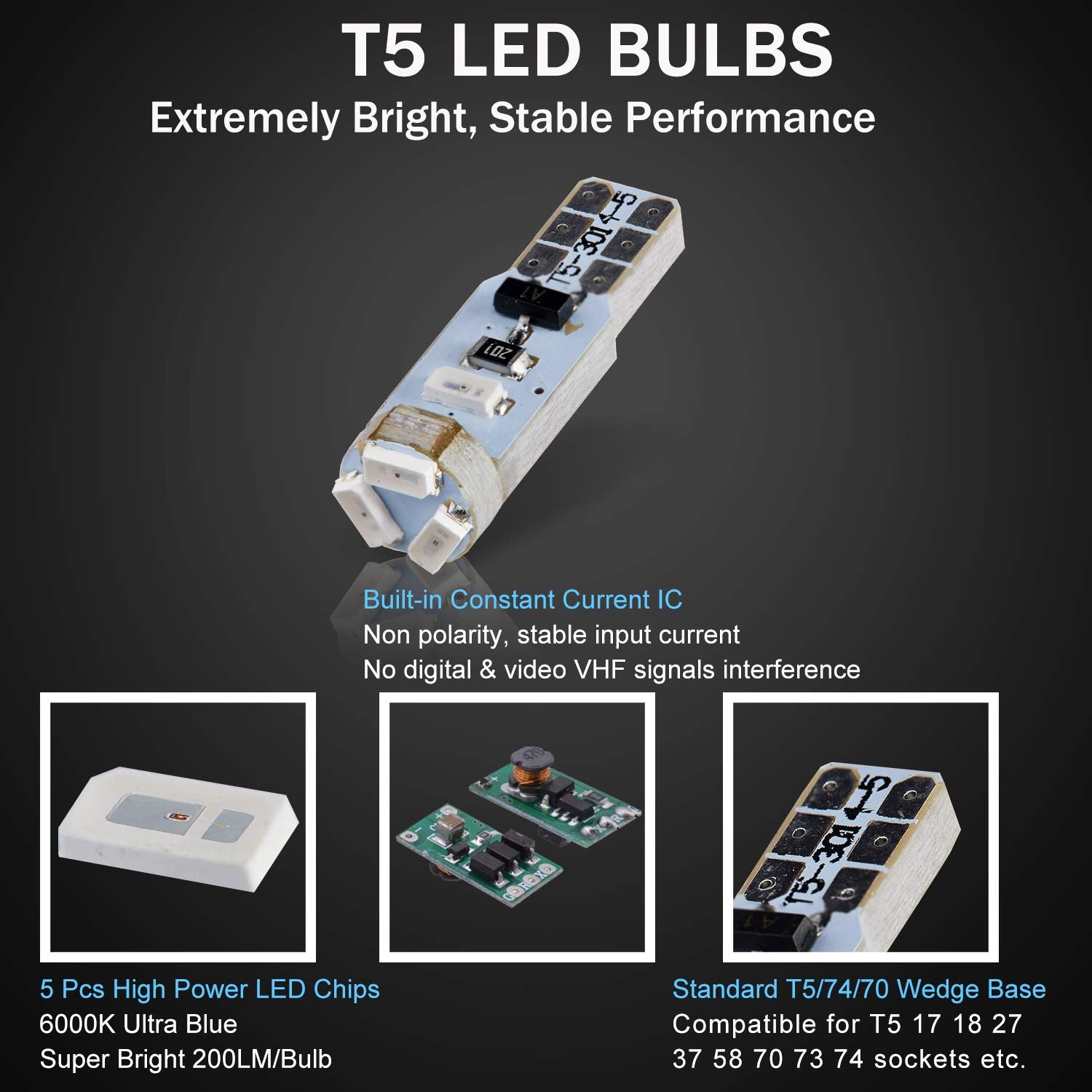 Brishine T5 74 2721 Led Bulbs Ultra Blue With Twist Lock Socket, Canbus Error Free Pc74 Pc37 882 Dashboard Instrument Panel Ligh