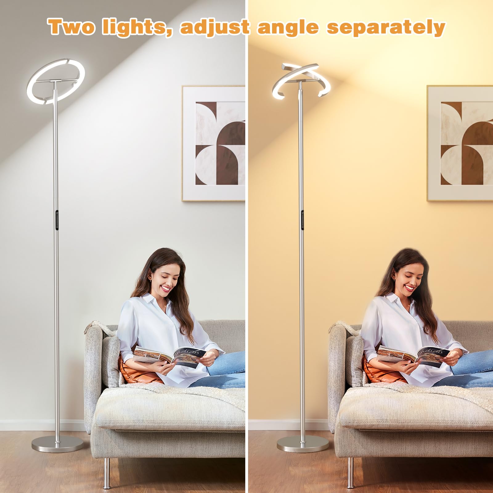 PreeOtti LED Floor Lamp - 73.6" Modern Standing Lamp, 2 Rotatable Lights, Remote & Touch Control, Silver Grey, Model LED2-2
