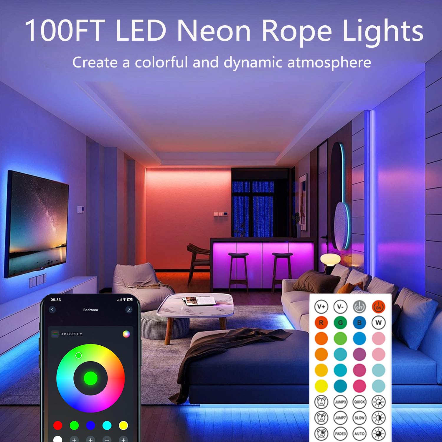 Httpsmp 100Ft (2 Rolls 50Ft) Neon Rope Lights,Flexible Led Rope Lights Control With App/Remote,Multiple Modes Rope Lights,Ip67 O