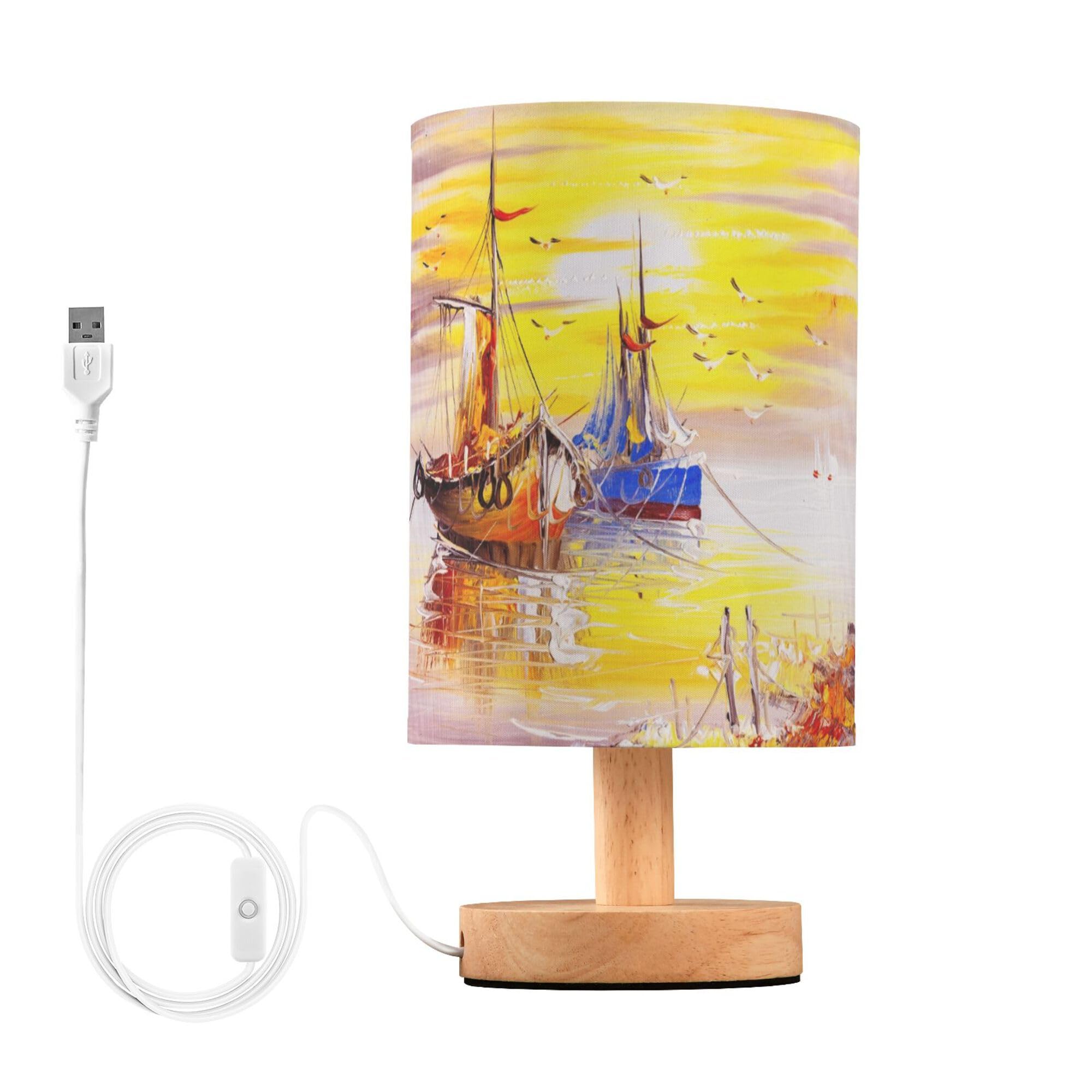YYZZH Table Lamp Venice Italy Sailboat Pirate Ship Sunset Ocean Nautical Nightstand Lamp with Wood Base Fabric Lamp Shade Bedsid