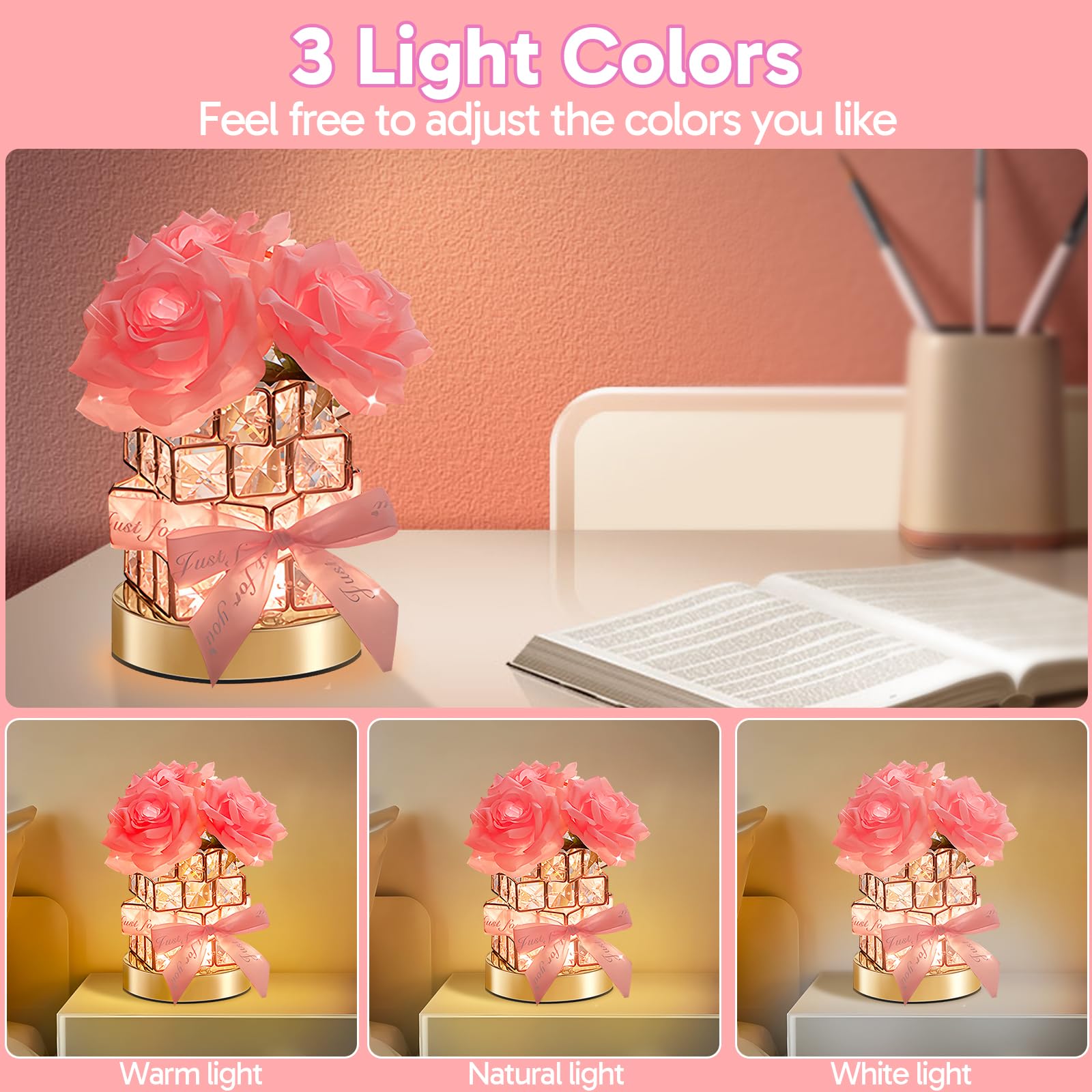 Onxe Birthday Christmas Gifts For Women Girlfriend Wife Mom  Rechargeable Cordless Touch Crystal Rose Table Lamp 3 Color Dimming Forever Flowers Night Light  Anniversary Valentines Rose Gift For Her