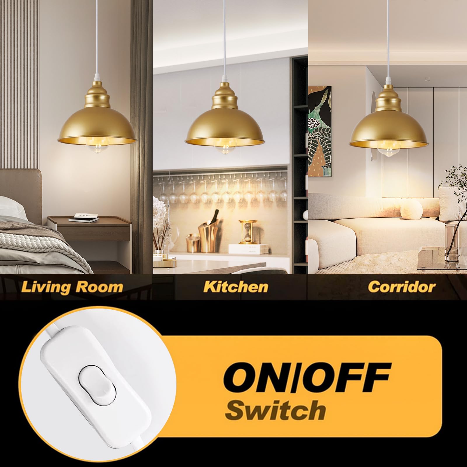 SoodMi Plug-in Pendant Light, 15FT Metal Hanging Lamp with On/Off Switch, Gold, Model PDL-011 for Living Room, Kitchen, Dining Room