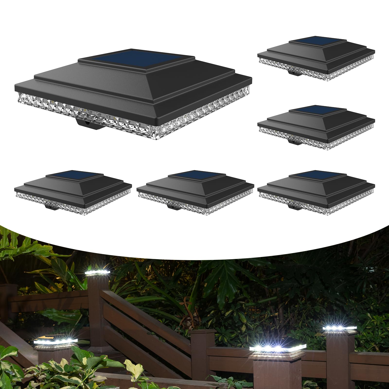 HUYIENO Solar Post Cap Lights, 20 Lumens, 2 Light Modes, 6pk, Black, for 4x4 & 5x5 Wooden/Vinyl Posts,