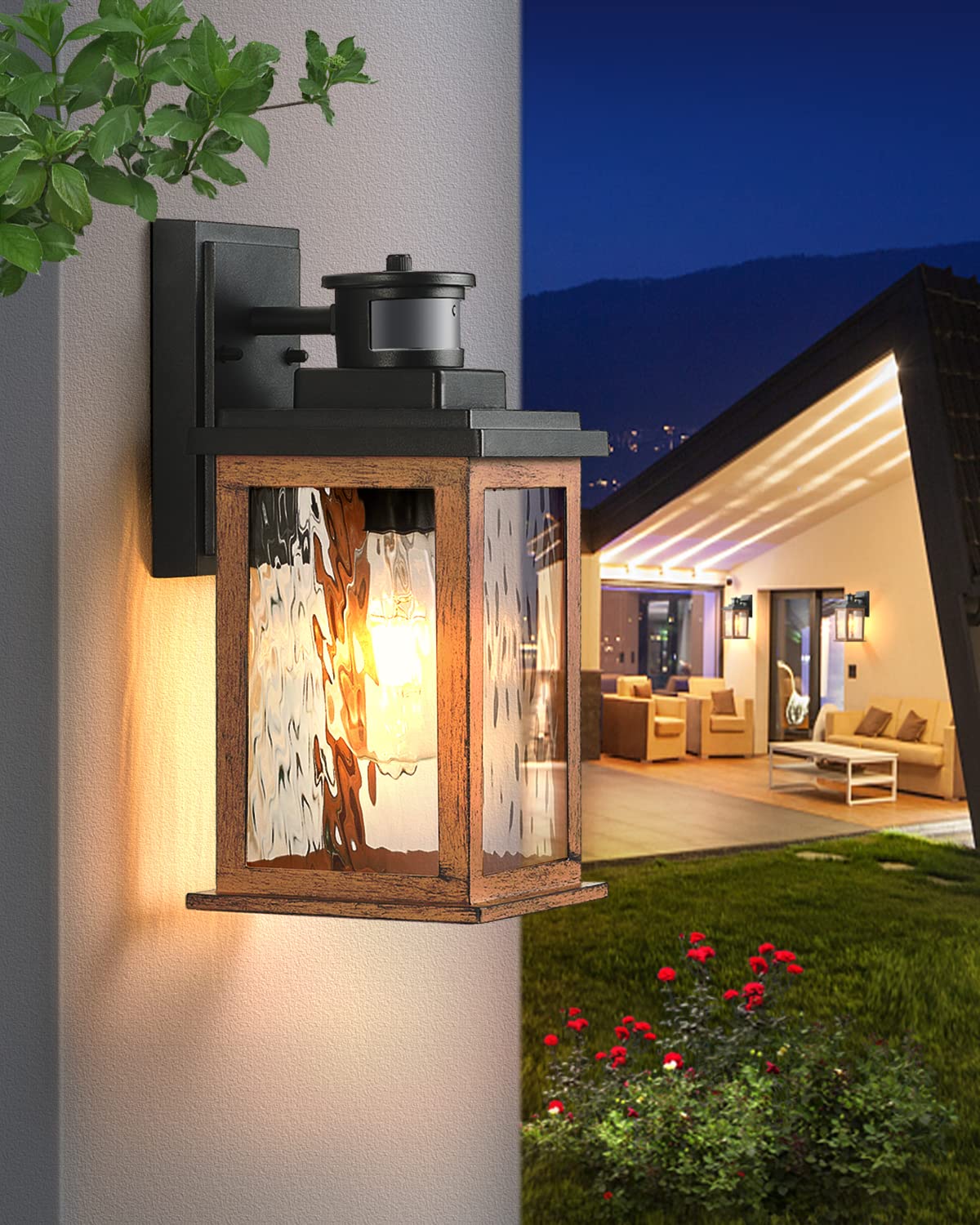 Vianis 2 Packs Dusk To Dawn Outdoor Lighting For House, Wood Grain Motion Sensor Outdoor Lights Fixture, Garage Light Sconce Wal