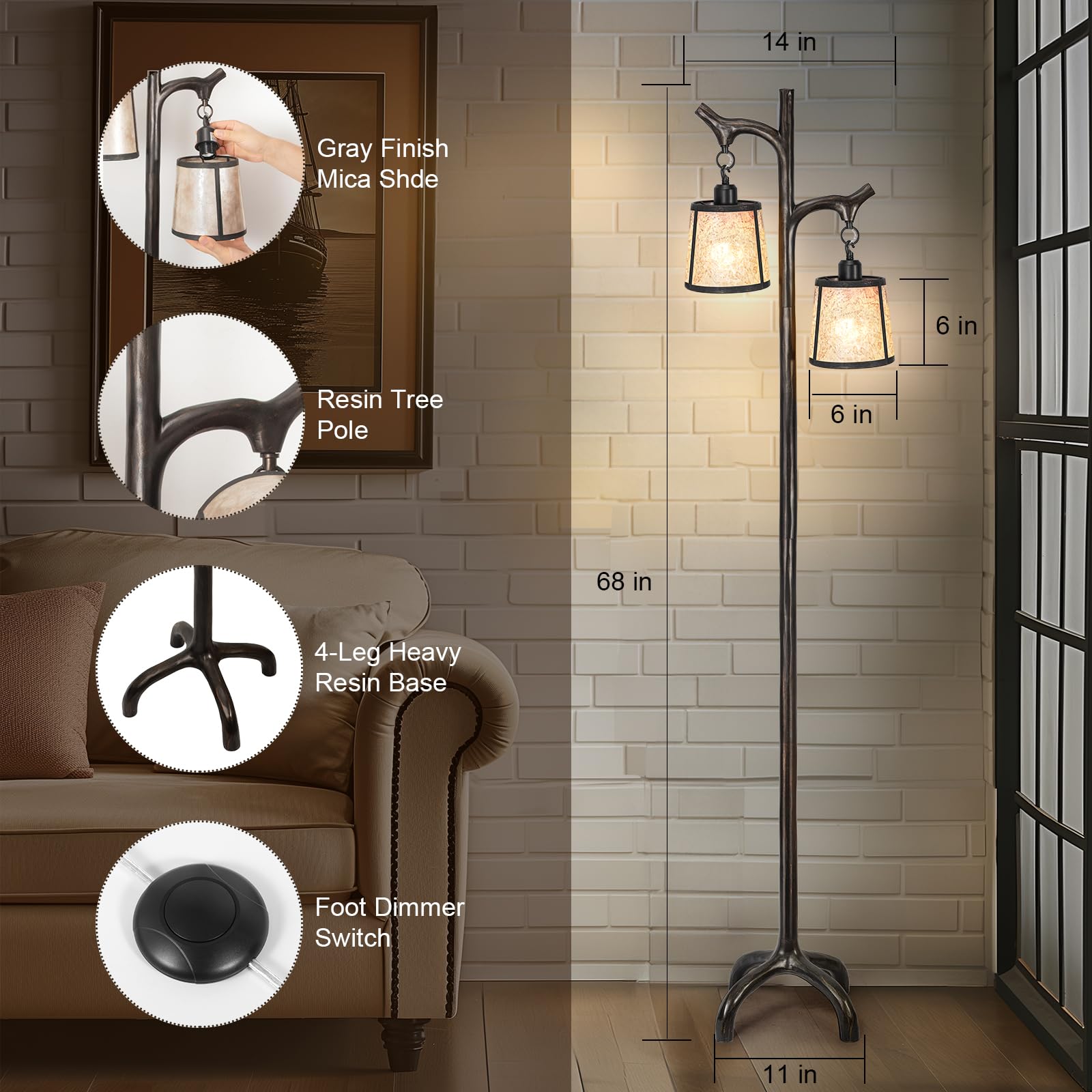 Scenekoy 68" Farmhouse Floor Lamp - Mica Shade, Dimmable, Vintage Design for Living Room & Office, Model 005