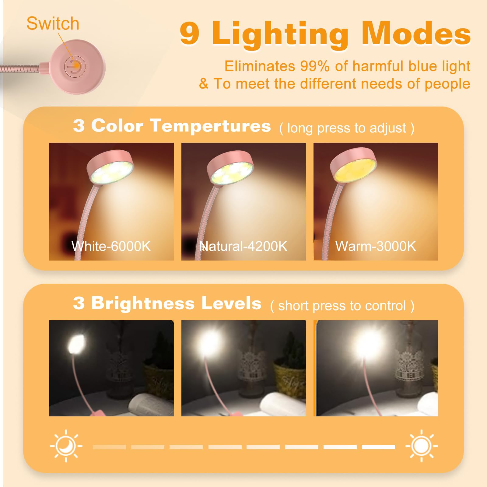 KTEBO Rechargeable Book Reading Light - Adjustable Brightness, 3 Color Temperatures, 30+ Hours Runtime, Black & Pink, Model BHLBL-3