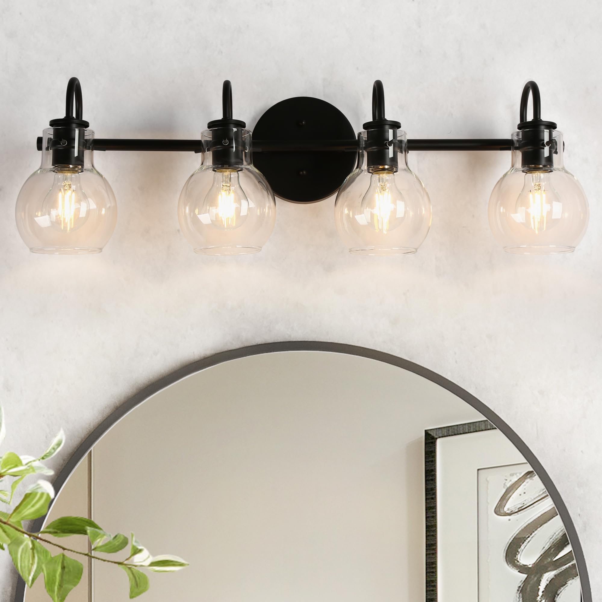 Ksana Black Bathroom Light Fixtures, 4-Light Modern Farmhouse Black Vanity Lights With Clear Glass Shade Over Mirror For Hallway