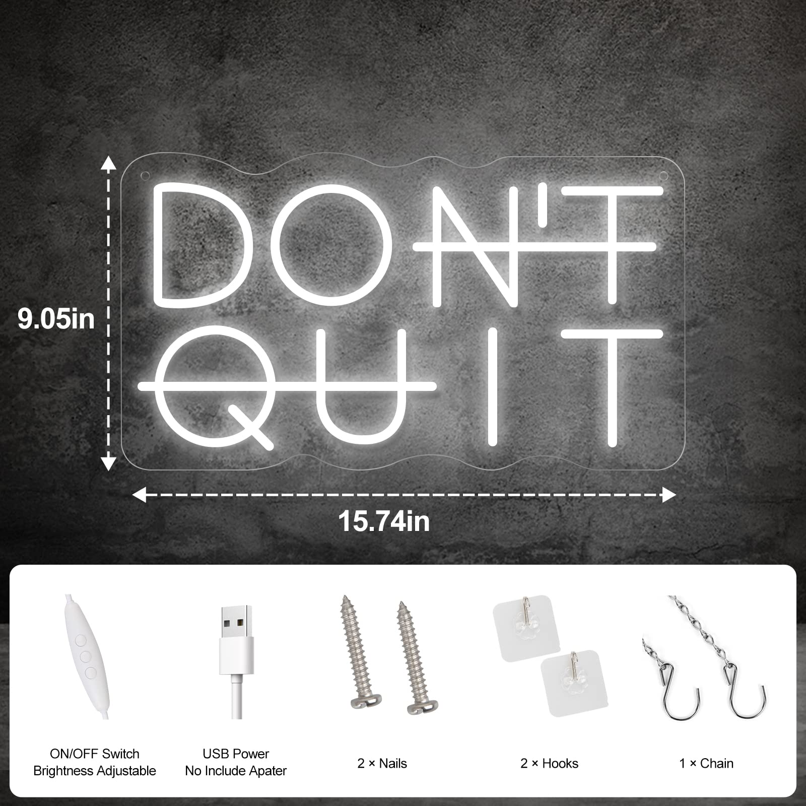 YIKBIK LED Neon Sign - inDont Quitin Wall Decor, USB Powered, Adjustable Lighting, White Color