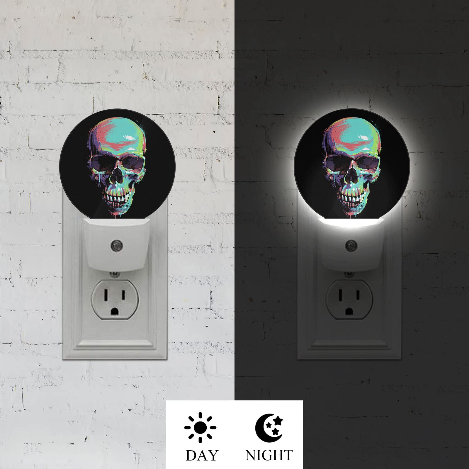 Axayaz Skull Night Light Plug Into Wall Bright Graffiti Skeleton Head Halloween Dia De Los Muertos Auto Sensor Led Dusk To Dawn Light For Bedroom Staircase