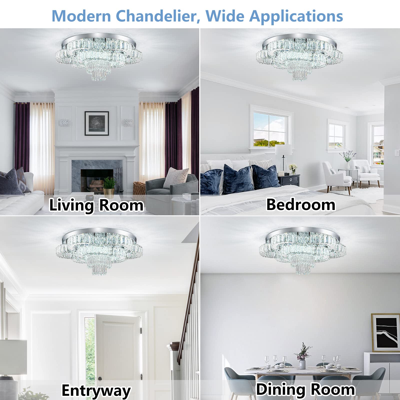 HongnuoFc Crystal Chandelier LED Flush Mount Light, 21 Inch, Stainless Steel, Cool White, Model HN-US-500DLHBJZ
