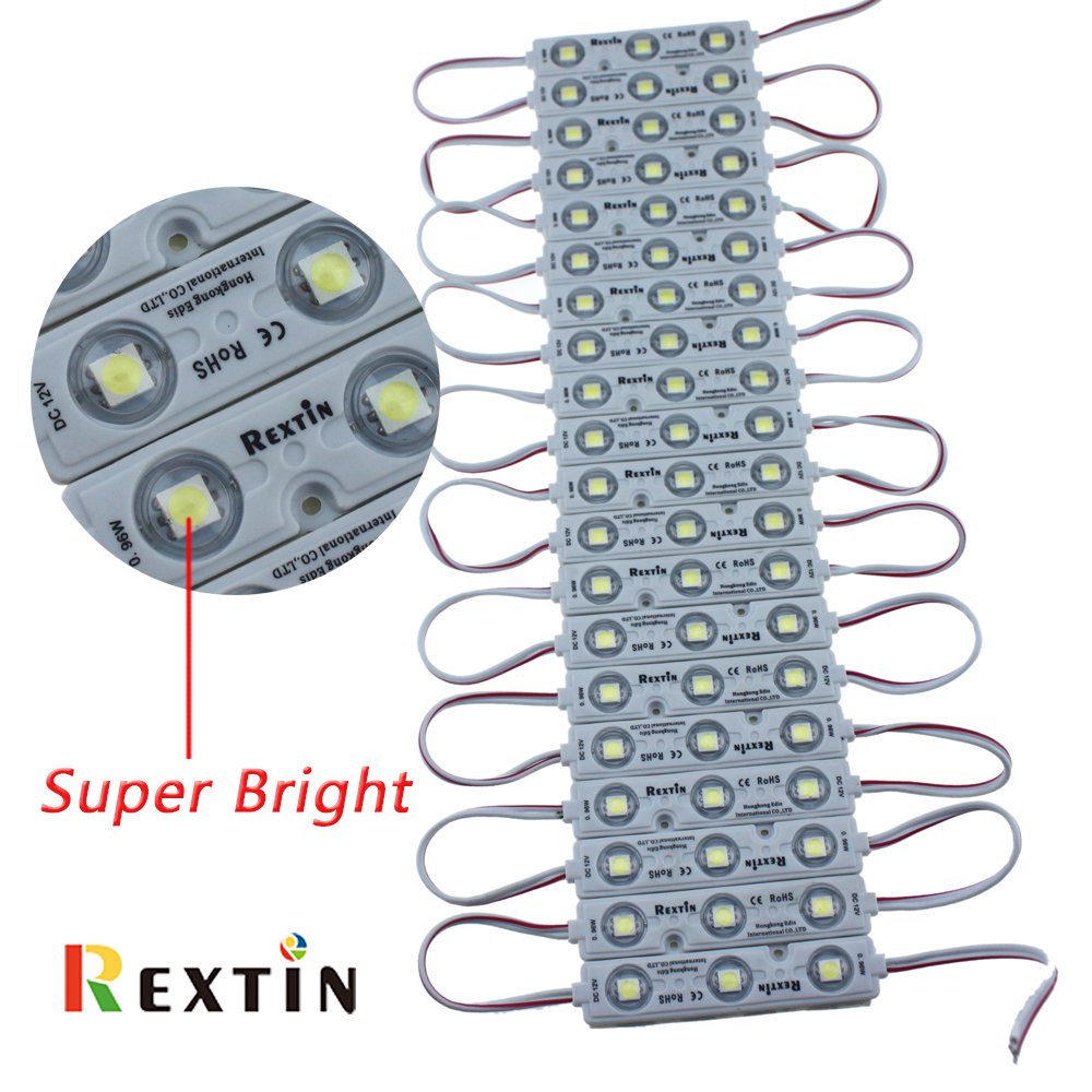 REXTiN 200pcs 3 LED Module Light, White 5050 SMD, Waterproof, Adhesive Back, 66-72LM Each for Signage and Decoration