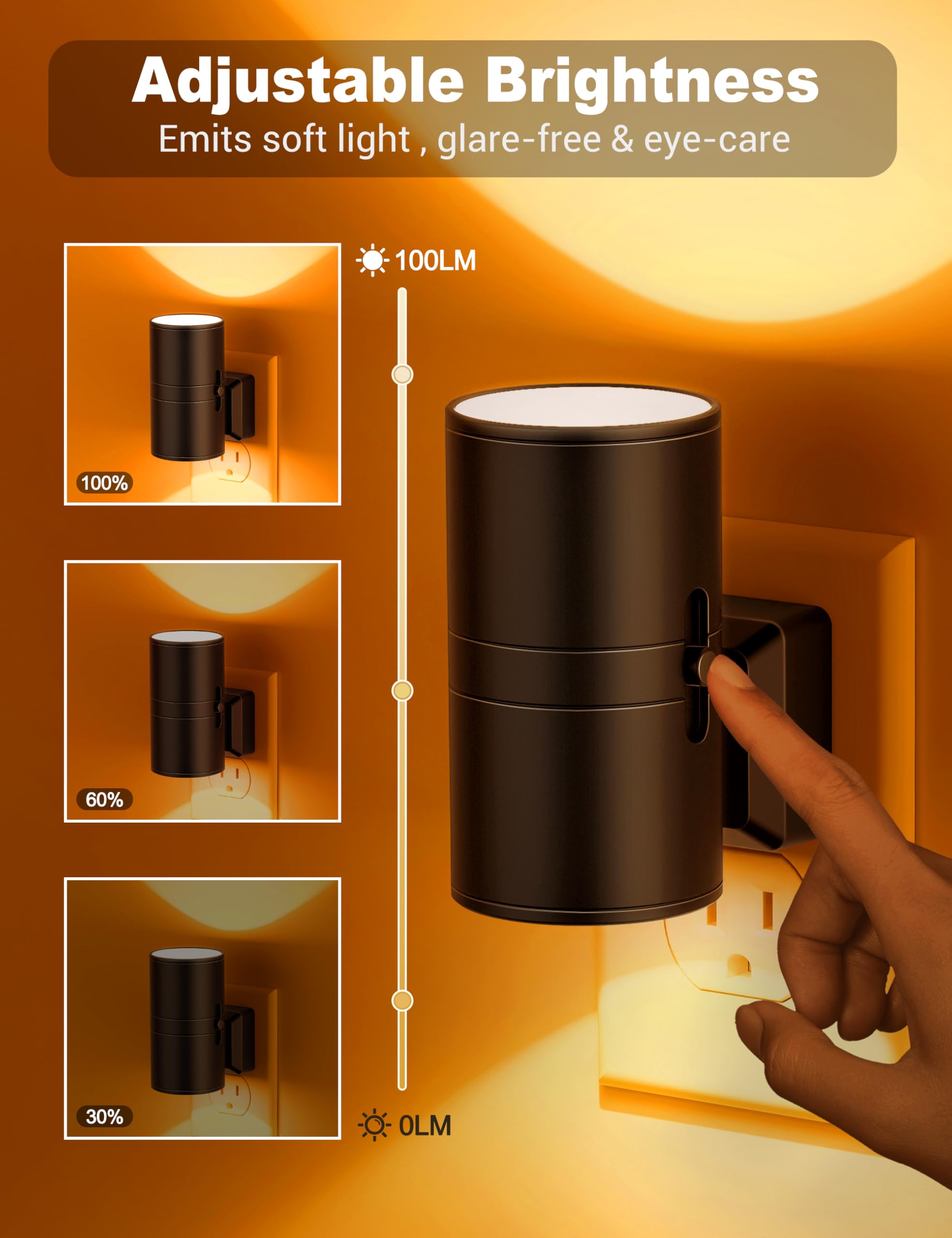 JandCase Amber Night Light Plug-in, Dimmable 0-100LM, Modern Auto On/Off, 2 Pack, Orange-Black Shade, Model C-GY06307US-